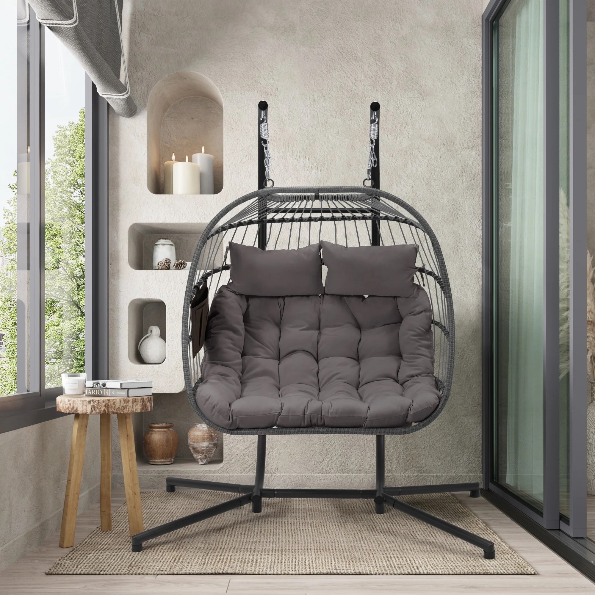 EROMMY Hanging Egg Chair with Stand, Foldable Indoor/Outdoor Swing Chair includes Cushion and Pillow, Patio Wicker Swing