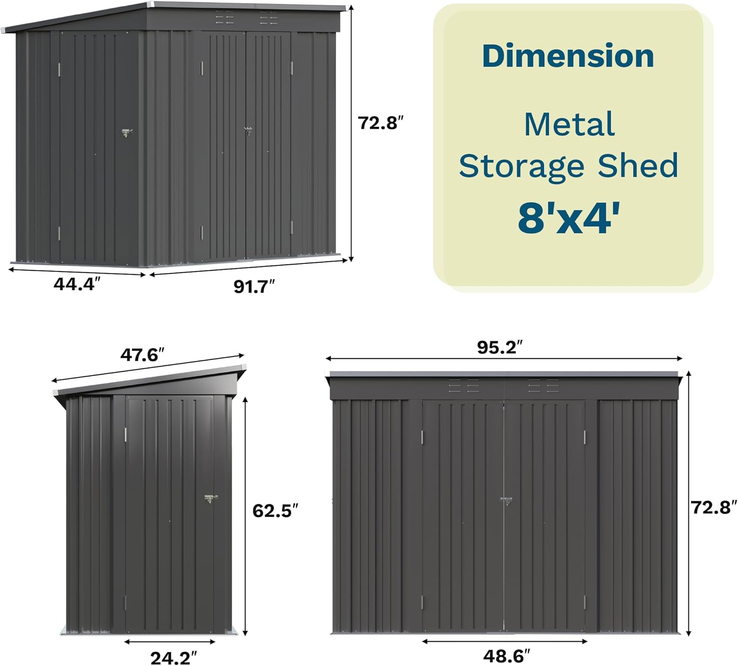 Patiowell 8x4 FT Outdoor Storage Shed  Heavy Duty Tool Metal Sheds with 3 Lockable Doors and Updated Frame Structure for Backyard Patio Lawn  Black