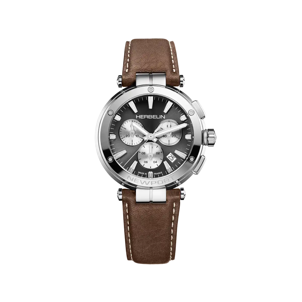 NEWPORT – CHRONOGRAPHE – GRIS, BLANC & CUIR BRUN