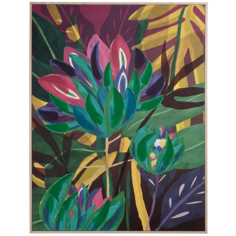 - Toile imprimée et peinte verte, jaune, violette et rose 72x92