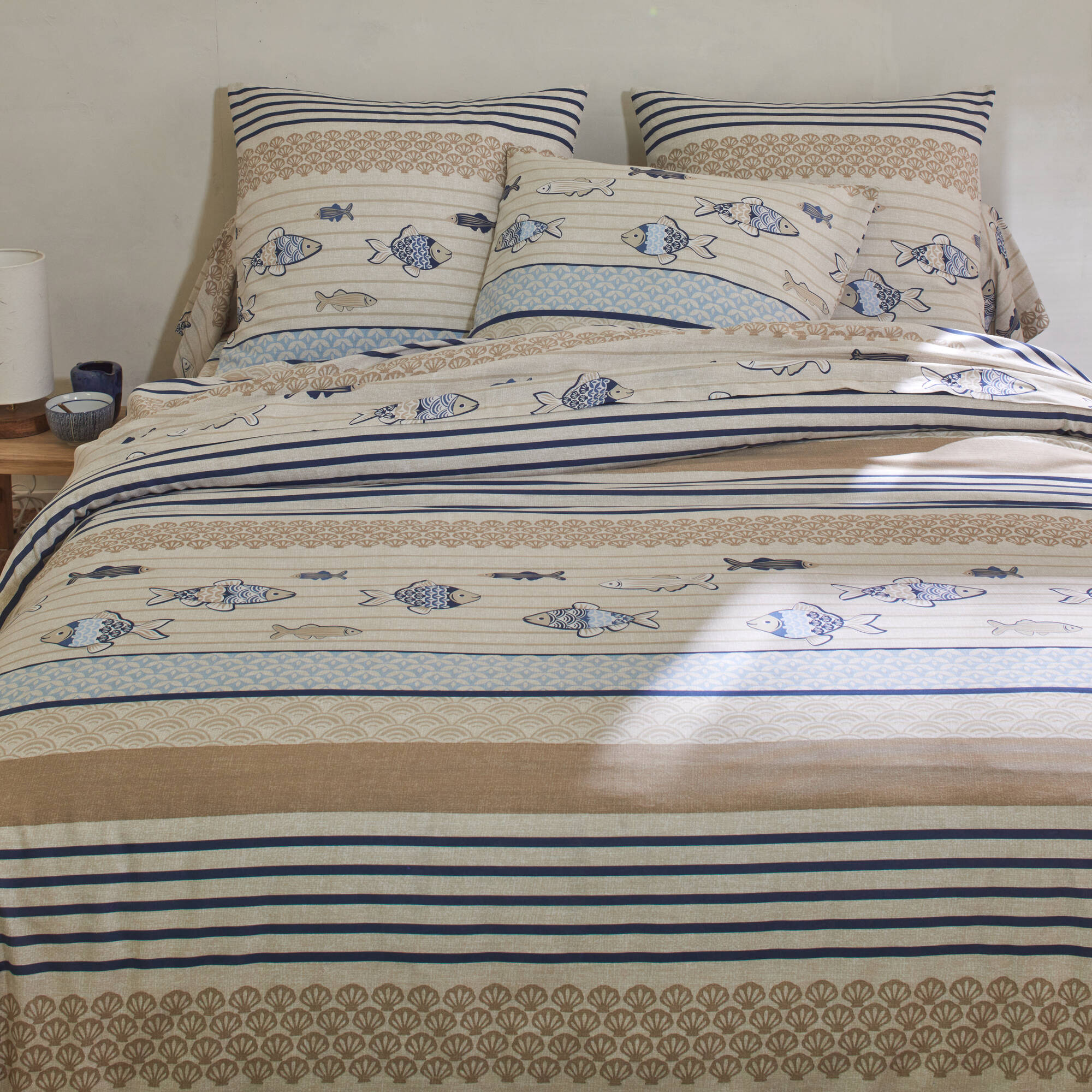 Linge de lit Riviera en coton imprimé poissons