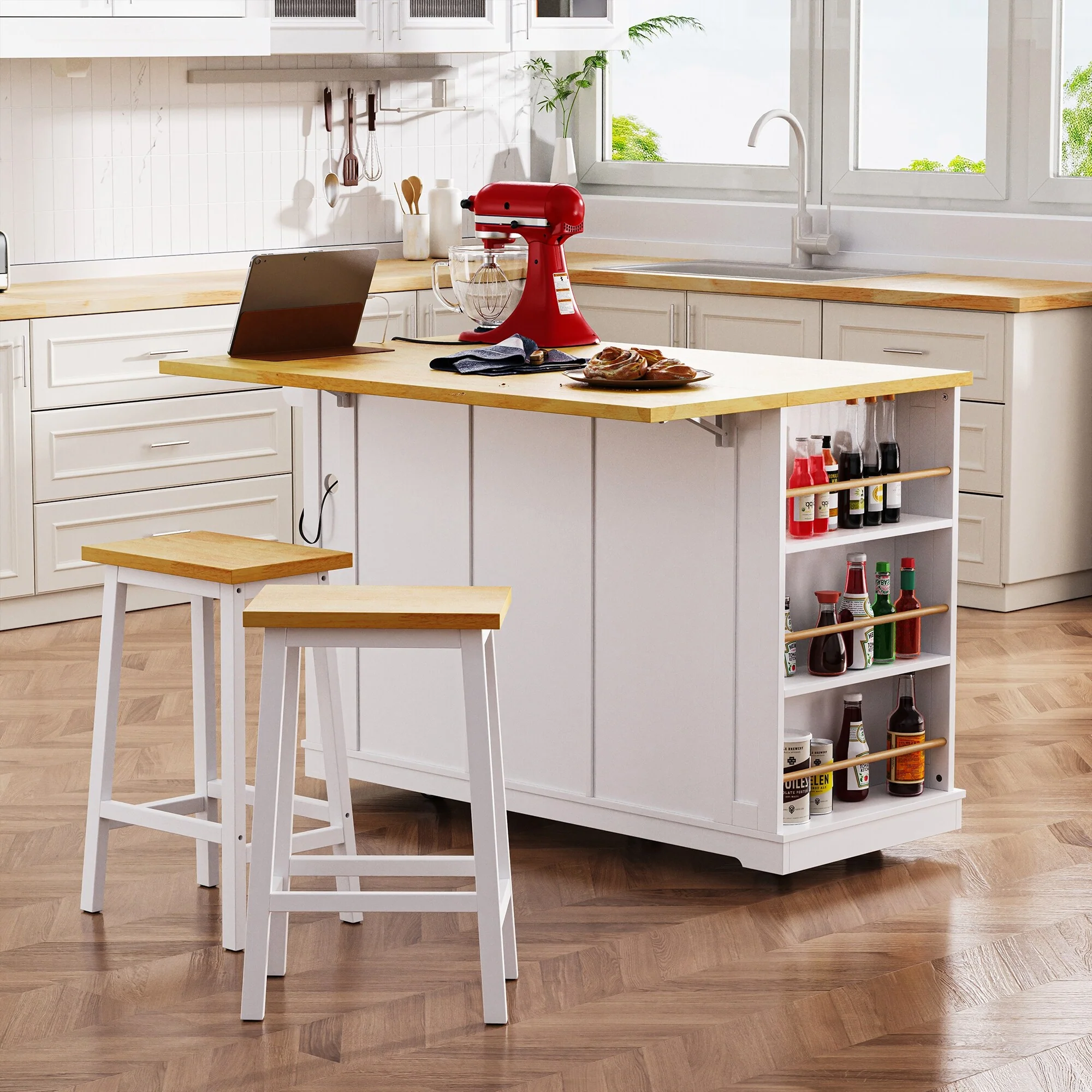 53'' Foldable Kitchen Island Cart with 2 Bar Stools, Power Outlet, 5 Open Side Racks, Door Internal Shelves, 3 Drawer, Towel Bar