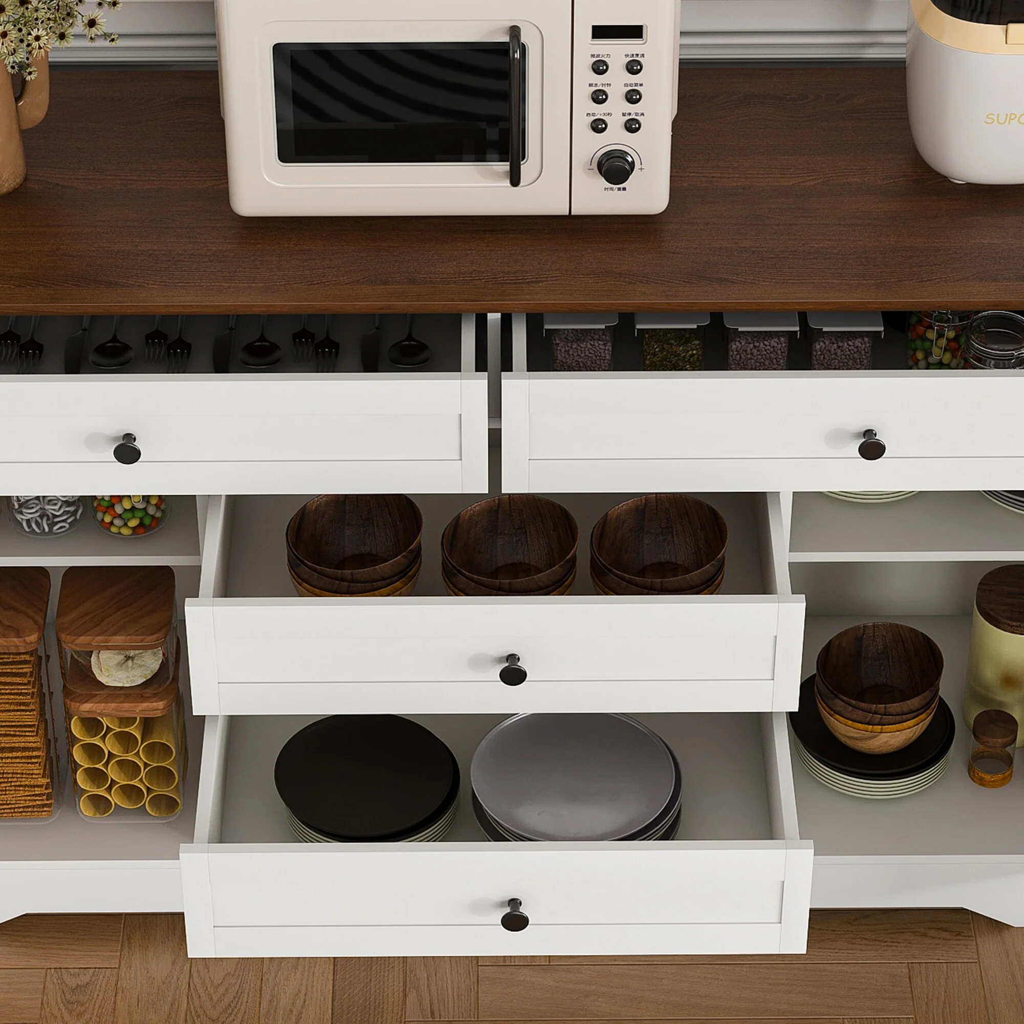 54 Farmhouse Buffet Sideboard with Storage Cabinet & Adjustable Shelf - Wood Top Dining Table with Drawer