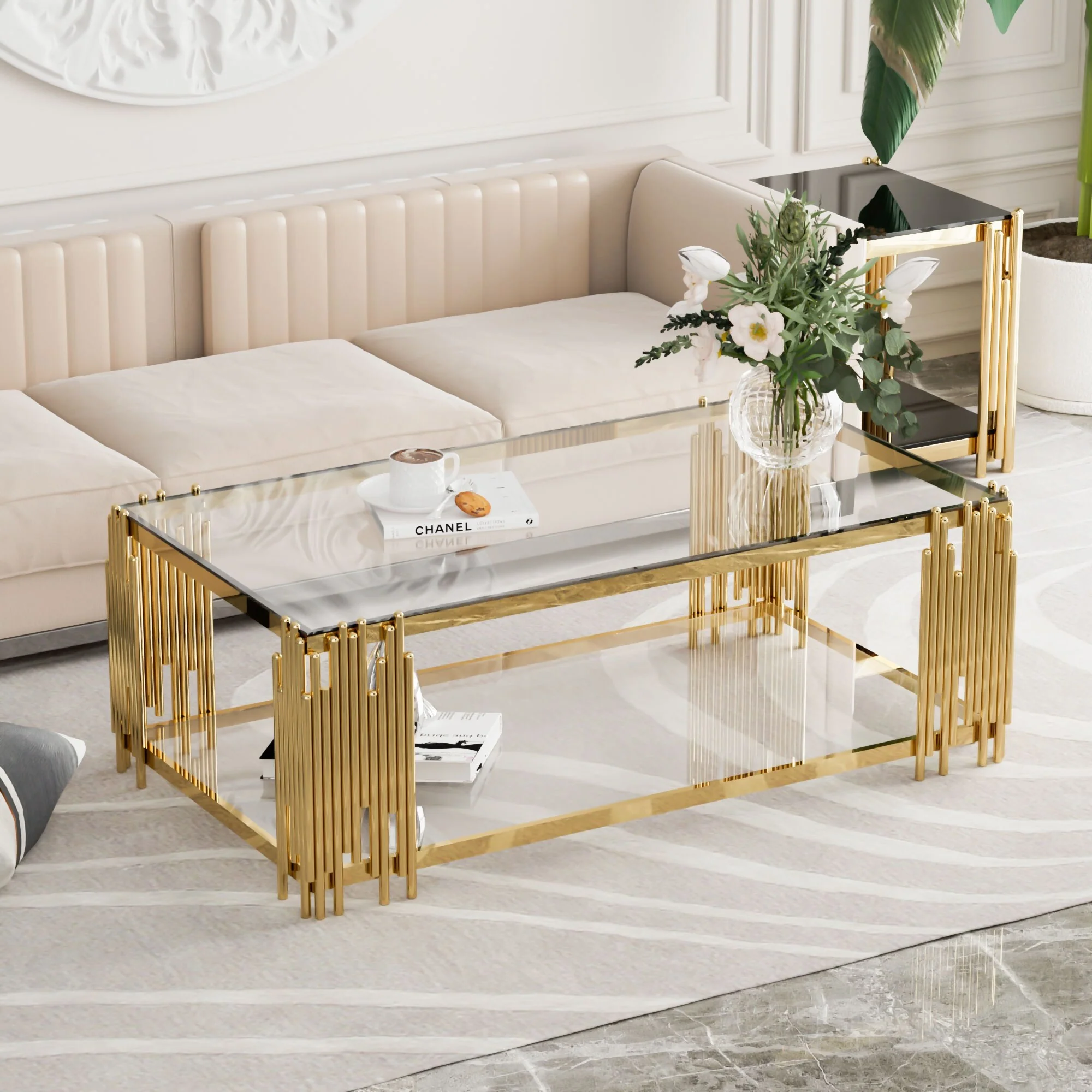 Modern Gold Stainless Steel Rectangle Coffee Table with 8mm Tempered Glass for Living Room, 51.18