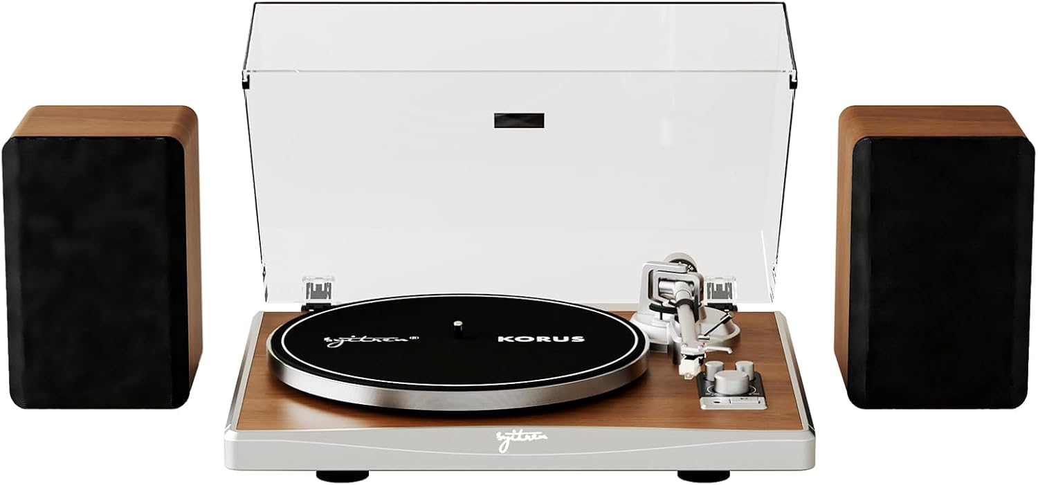 KORUS Record Player with External Speakers Bluetooth Turntable Belt-Drive Turntable 2-Speed  Adjustable Counterweight Vintage LP Players