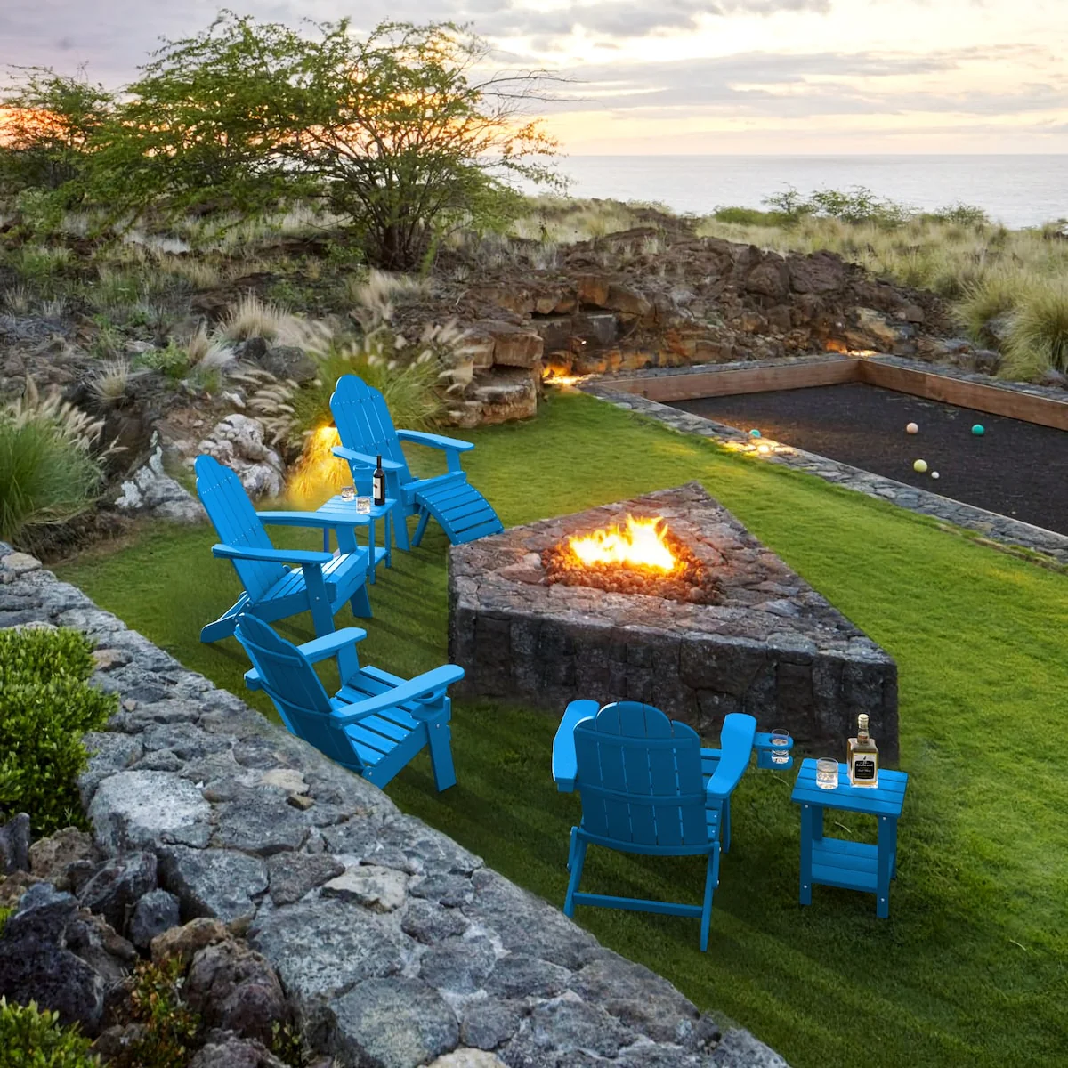 LUE BONA Foldable HDPS Plastic Weather Resistant Outdoor Patio Folding Adirondack Chairs With Cup Holder Set of 4