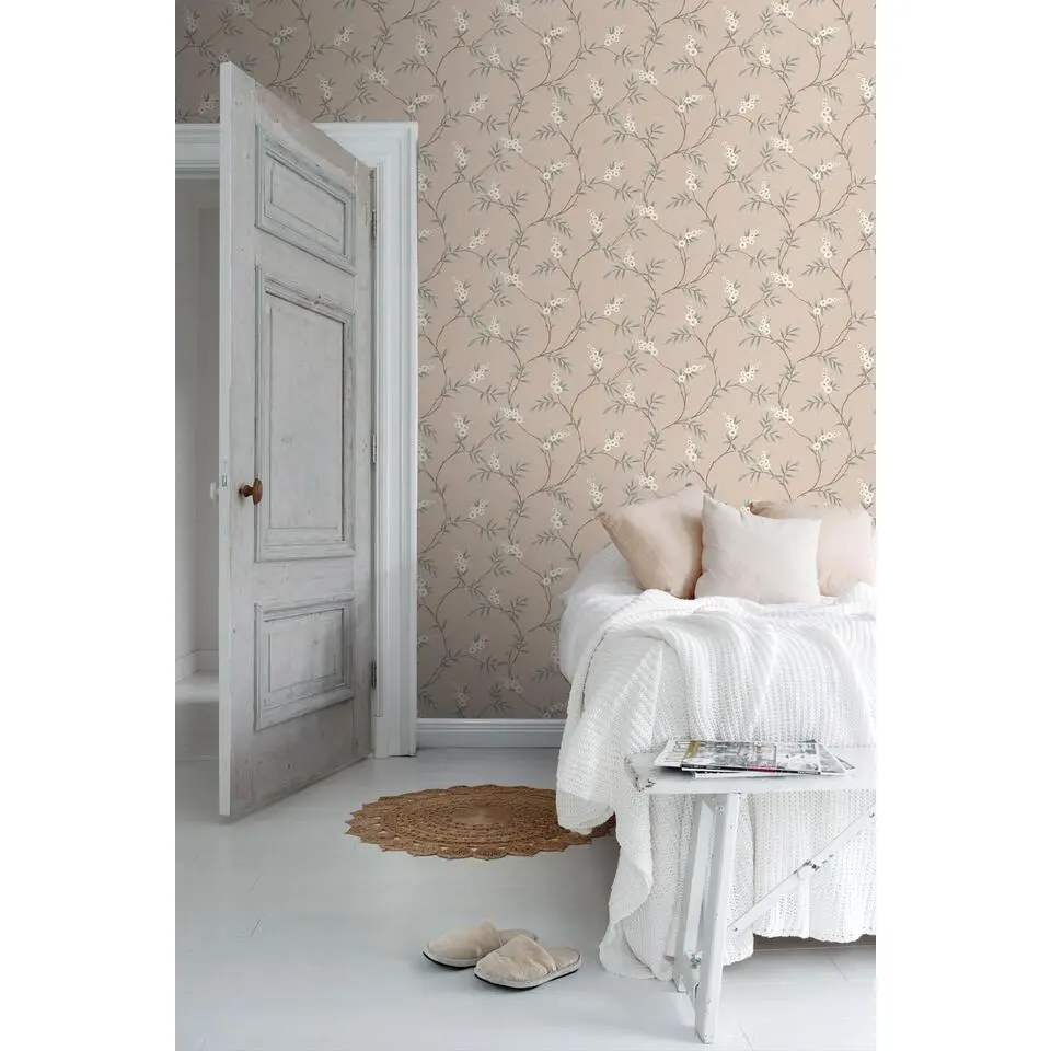 Borastapeter behang bladeren en bloemen oudroze - 53 cm x 10.05 m