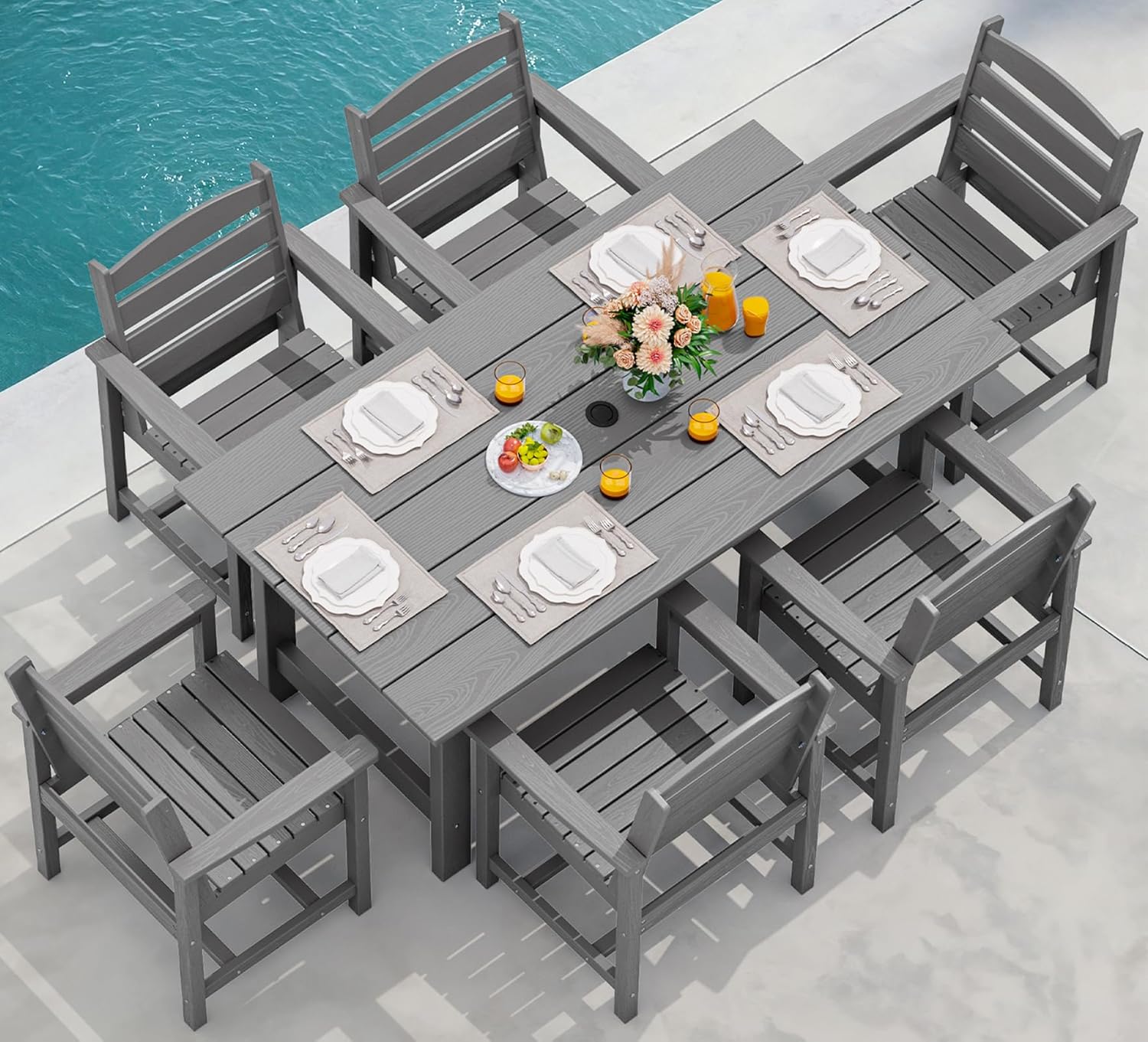 SERWALL Outdoor HDPE Dining Table Set  7-Piece Outdoor Dining Table Sets with Umbrella Hole Cut-Out Table and 6 Chairs  Gray