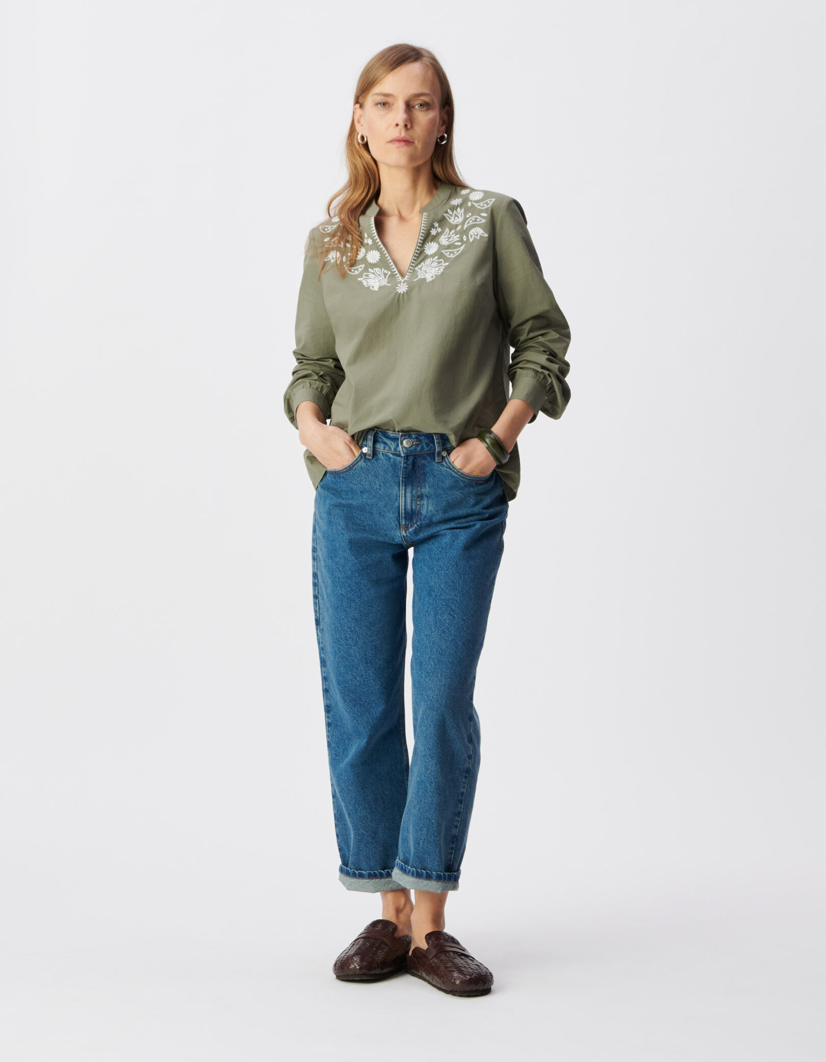 Blouse kaki coton bio broderies plastron Femme