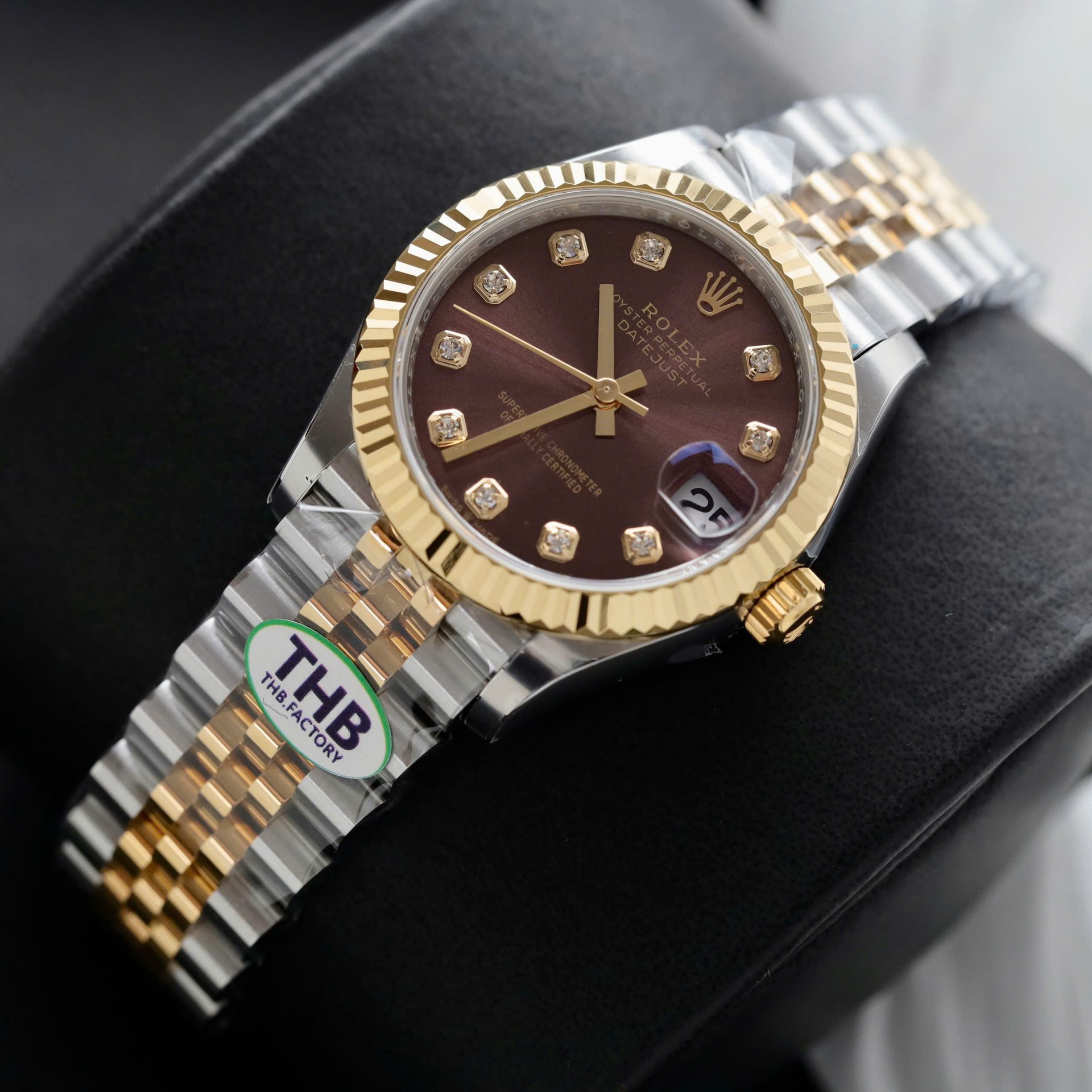 Rolex Datejust SS/YG Plated Wine Dial CZ Diamonds 31mm Jub THBF Replica