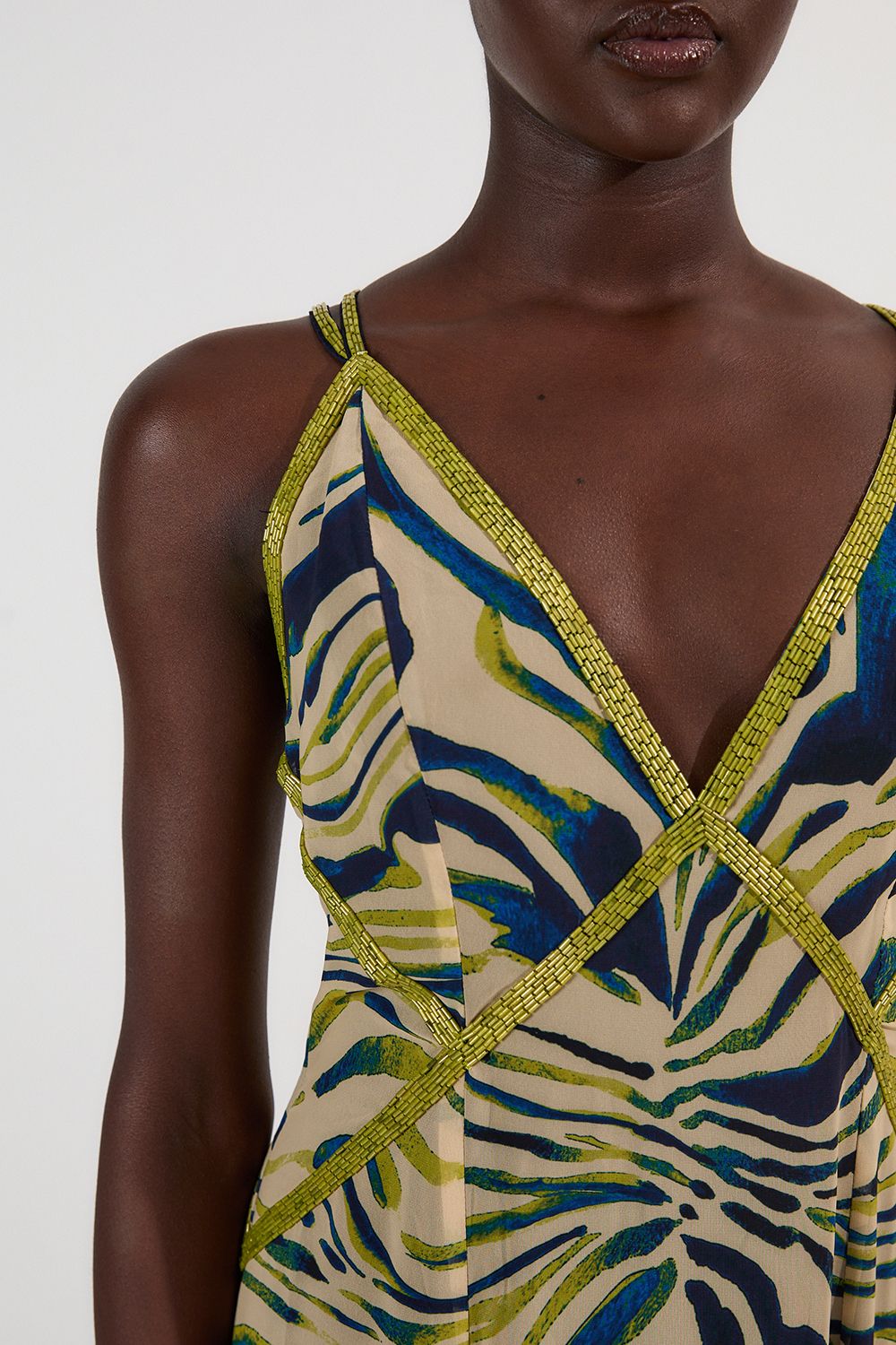 KarenMillen Animal Print Georgette Embellished Strappy Woven Maxi Dress