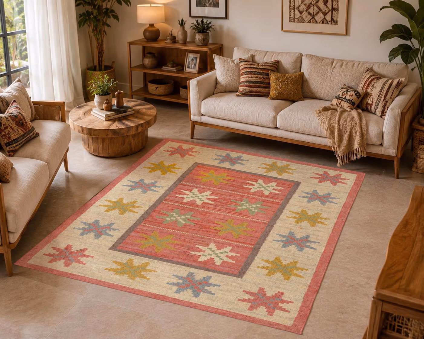 Pink Geometric Dhurrie Rug, Colorful Handwoven Flatweave Area Rug, Boho Kilim Style Rug, Modern Cottage Decor