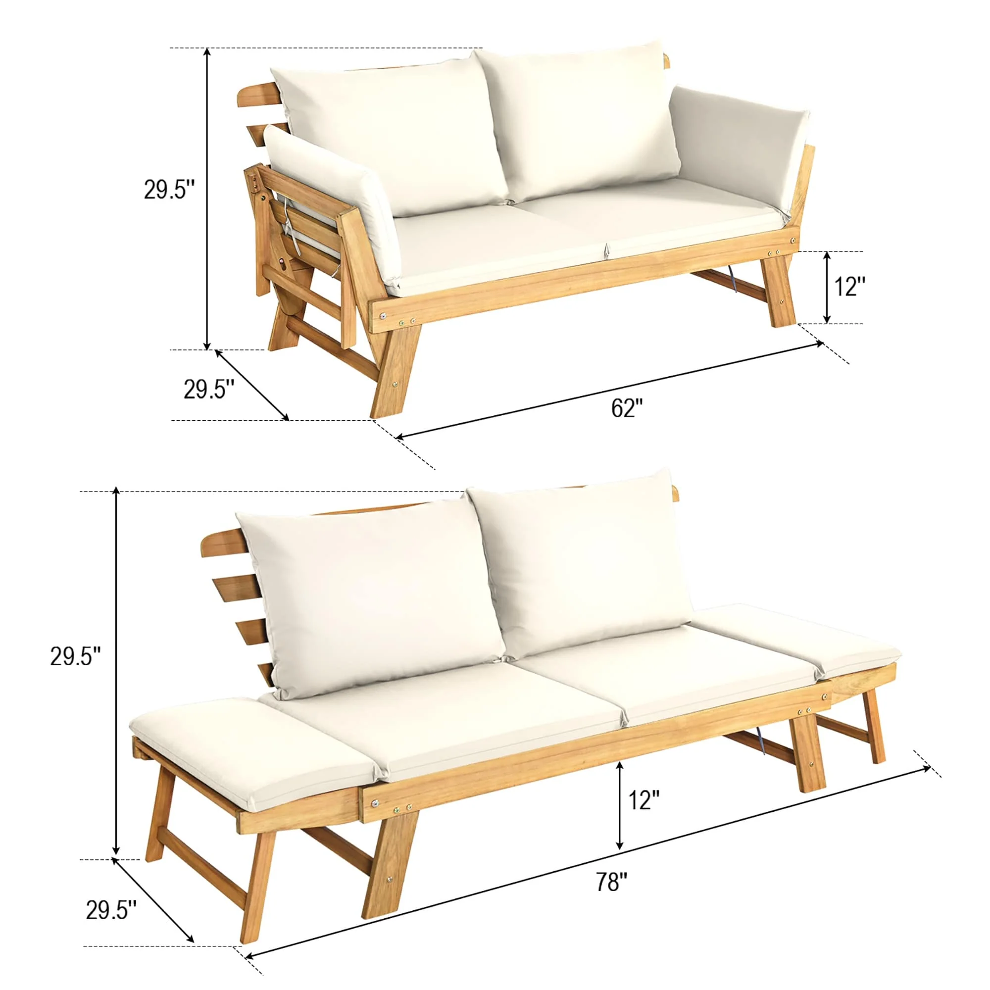 Gymax Adjustable Patio Sofa Daybed Acacia Wood Furniture w/ White - See Details