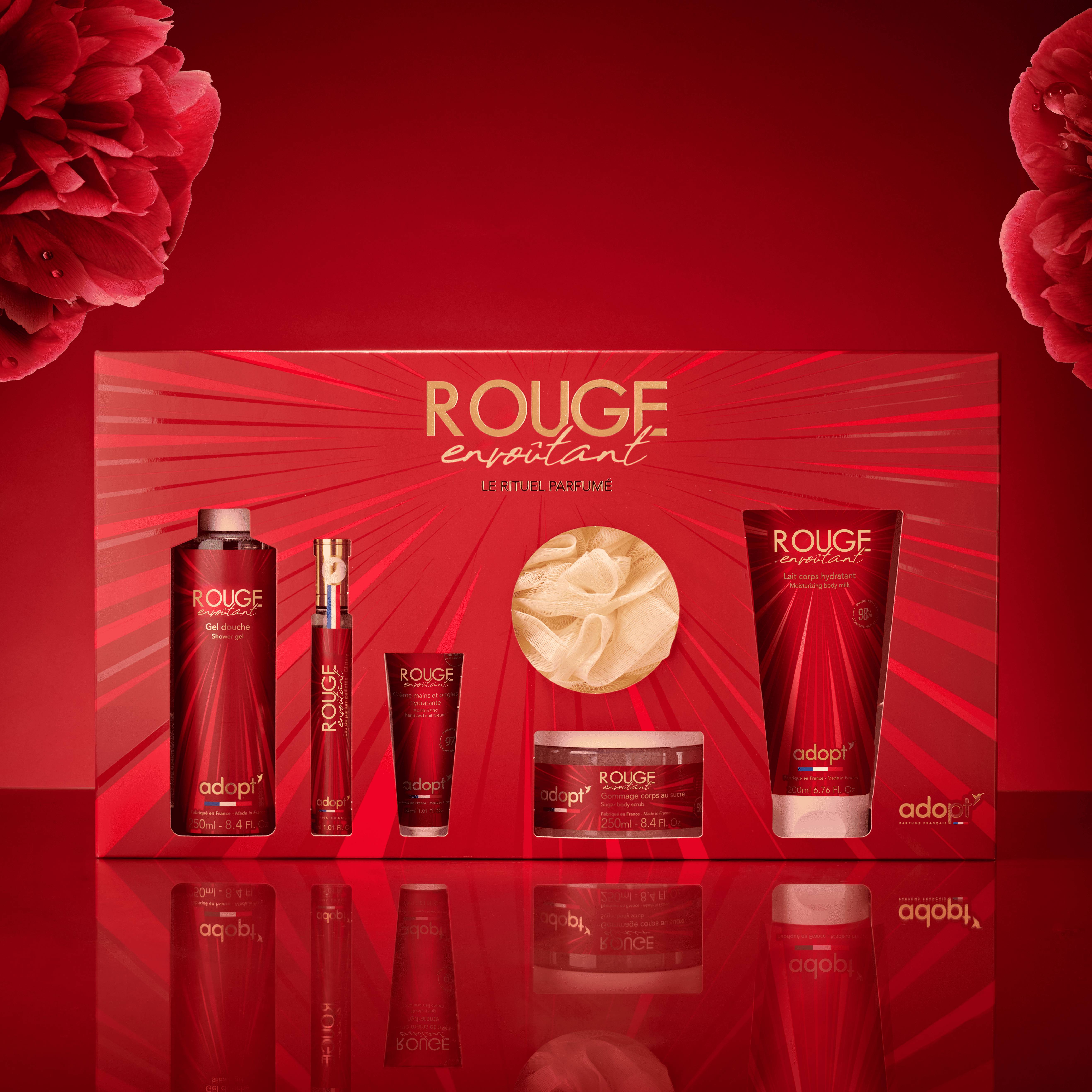 Rouge EnvoûtantCoffret Maxi eau de parfum 30 ml   lait corps 200 ml  gel douche 250 ml   gommage 250 ml   crème main 30 ml   fleur de bai
