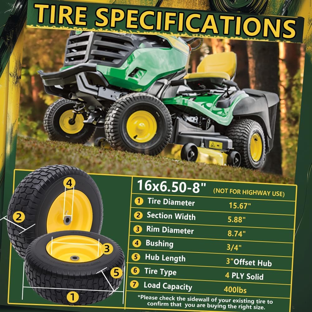 16x6.50-8 Tire and Wheel Assembly (2 Pack), Pre-Installed 3/4 Bushing, 3 Offset Hub, Flat Free Solid Rubber Tire, For Compatible 3/4 Axle Lawn & Garden Equipment (Yellow)