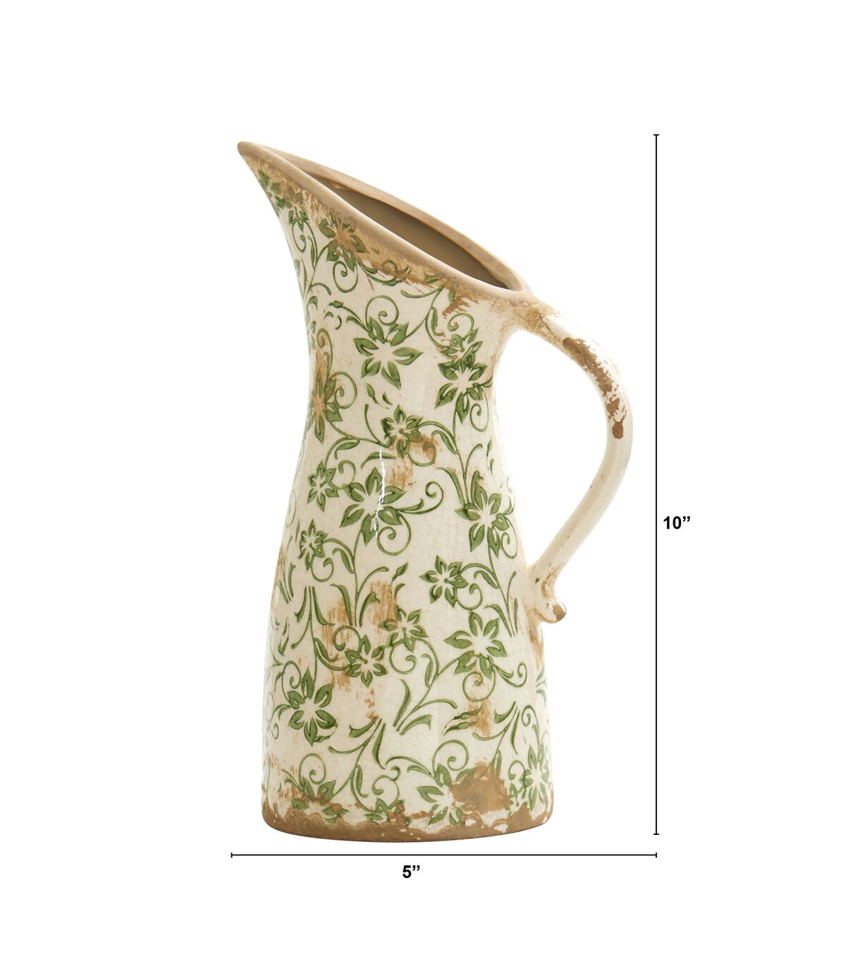 Nearly Natural 10in. Tuscan Ceramic Green Scroll Pitcher Vase