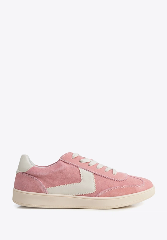 Zamszowe sneakersy z kontrastowymi wstawkami z ekoskóry różowo - białe