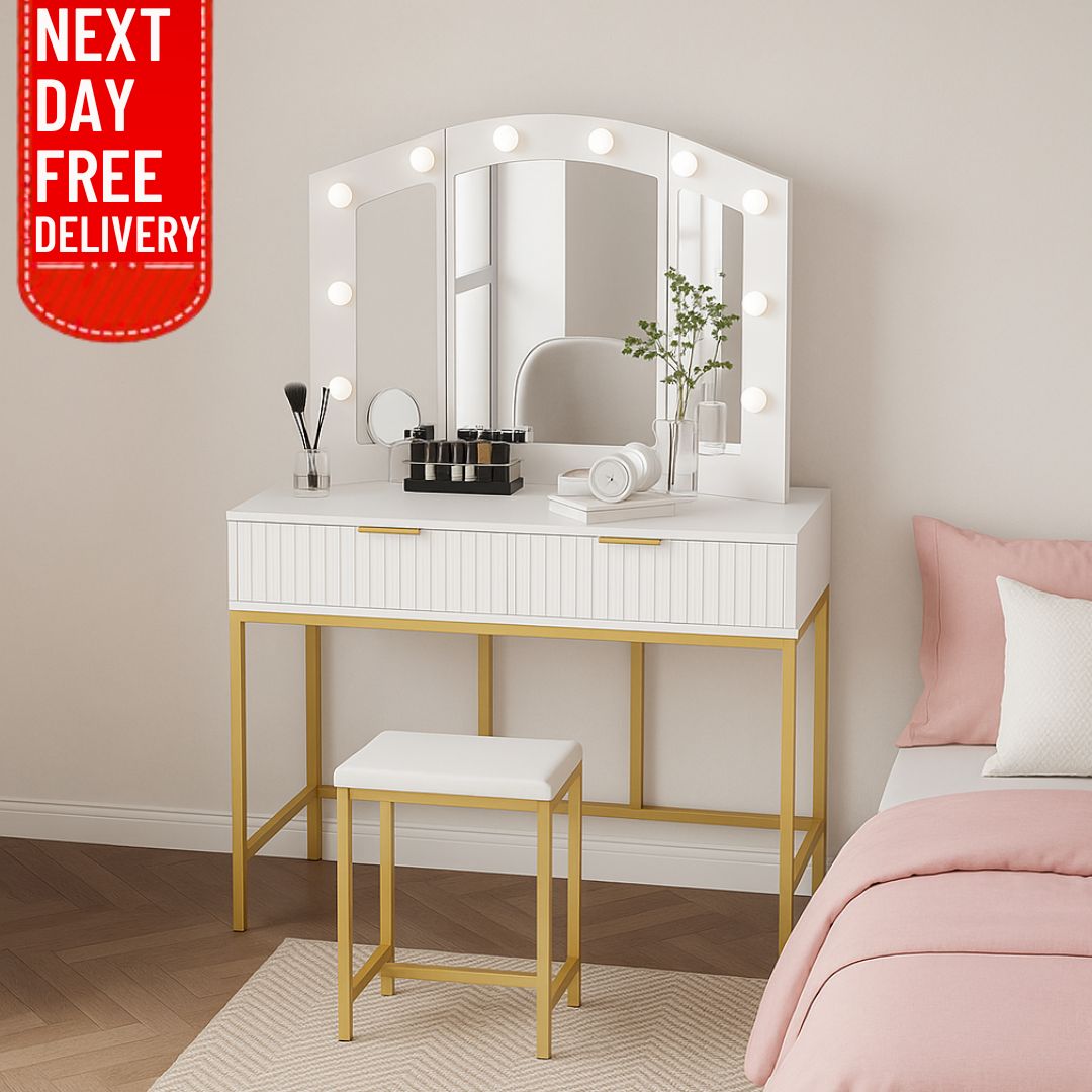 KOSY KOALA Dressing Table Set with Bulb Lights 3-Way Mirror, Drawers and Stool - White and Gold - Hollywood Style