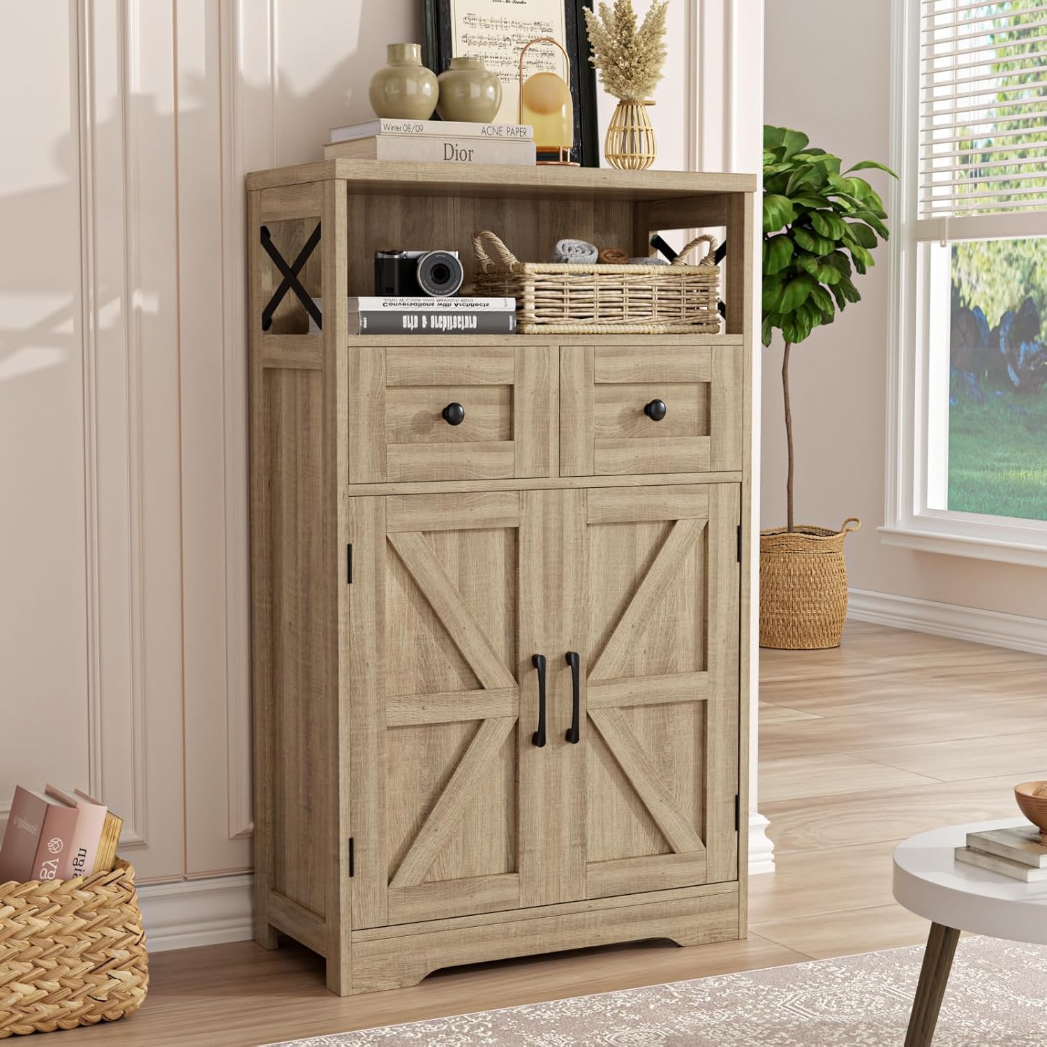 FiveWillowise Natural Storage Cabinet with Doors and Shelves, Standing Kitchen Pantry Cabinet, Floor Storage Hutch Cupboard, Coffee Bar Station for Dining, Living Room, Home Office