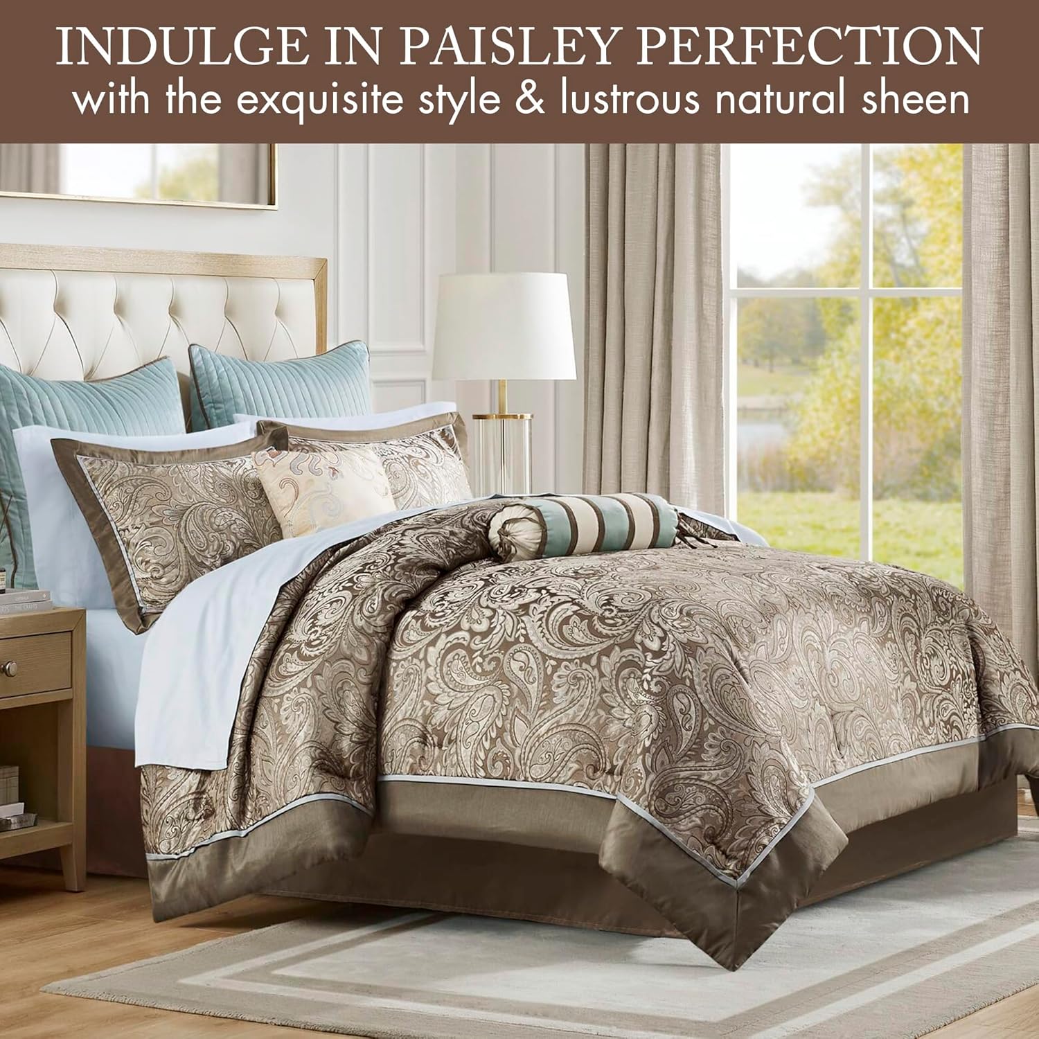 Madison Park Aubrey Cozy Comforter Set, Faux Silk Jacquard Paisley Design - All Season Down Alternative Bedding with Cotton Bed Sheets, Bed Skirt & Toss Pillows, Queen Blue 12 Piece