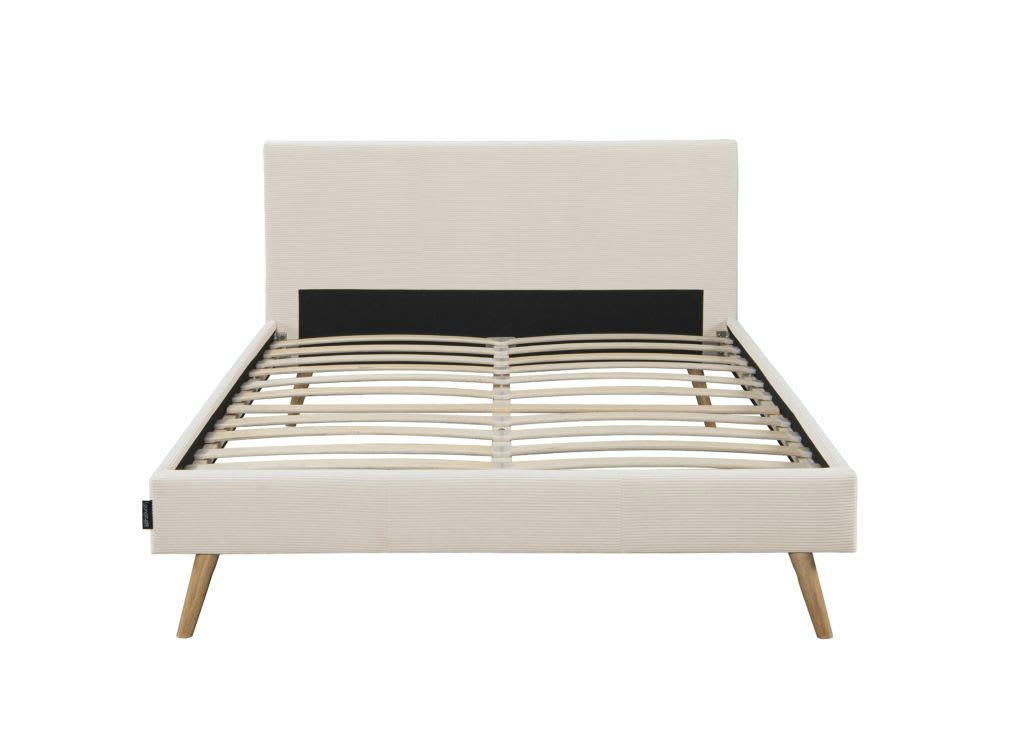 BJORN - Cadre de lit scandinave velours côtelé et pieds bois, Beige, 140x190cm