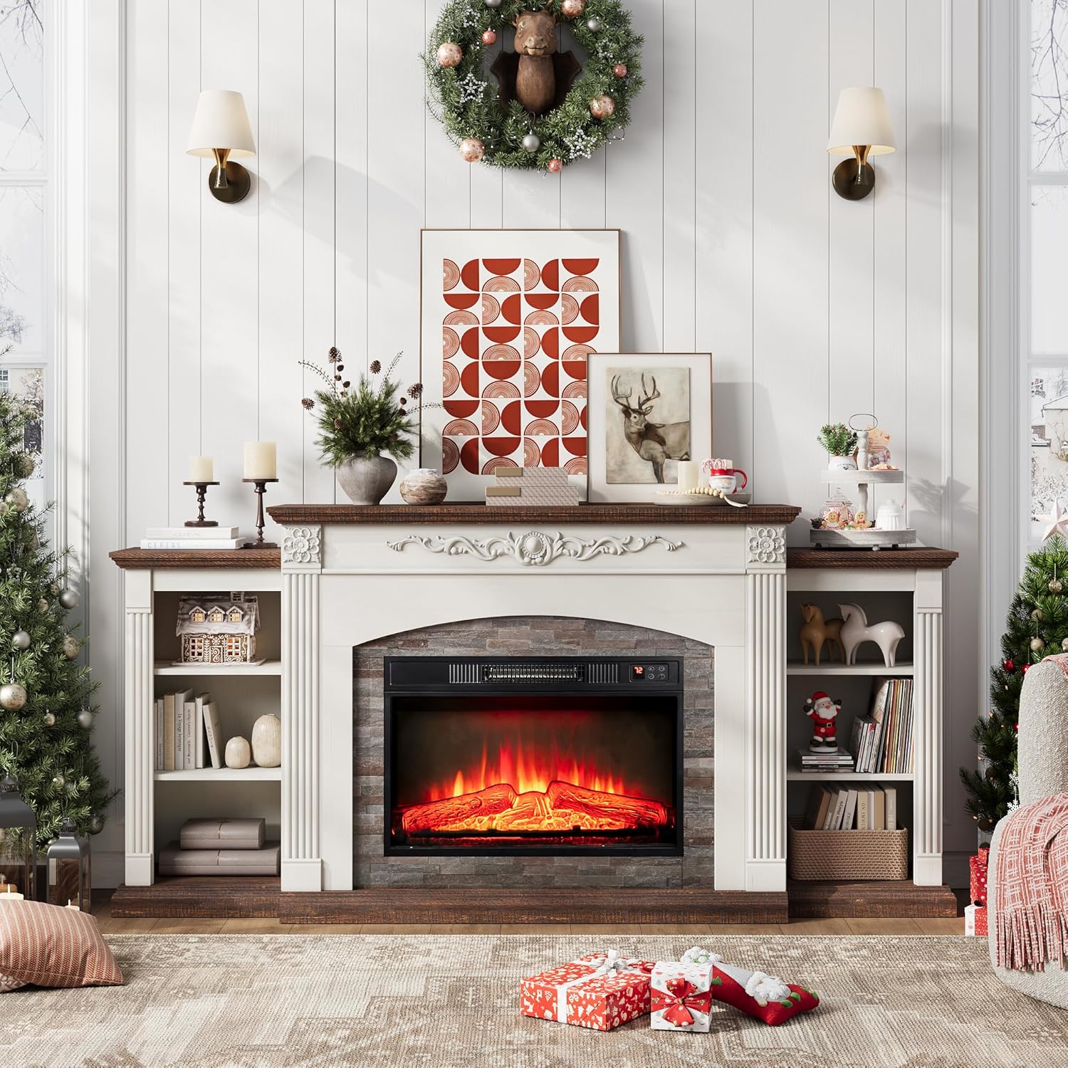72 Electric Fireplace TV Stand for TVs Up to 85, Farmhouse Entertainment Center with Realistic Stacked Stone Surround, Freestanding Heater, Wooden Carved Mantel for Living Room, White