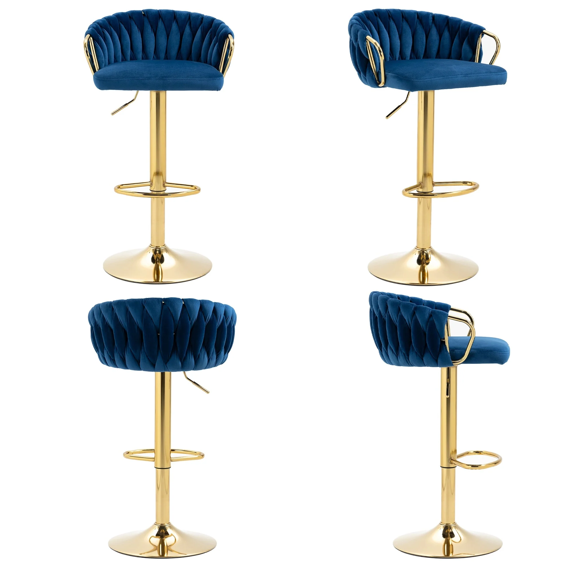 Set of 4 Bar Stool Adjustable Height Swivel Velvet Woven