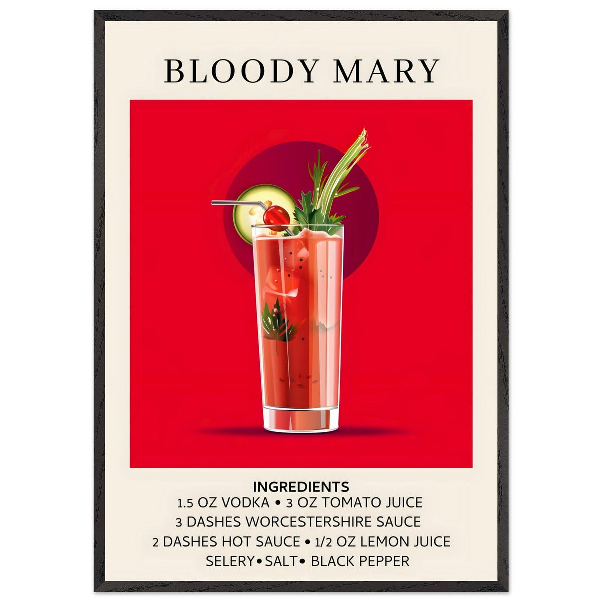 Artfulprints Poster met Lijst Bloody Mary cocktail - Ingrediënten  - 70x100 cm - Rood
