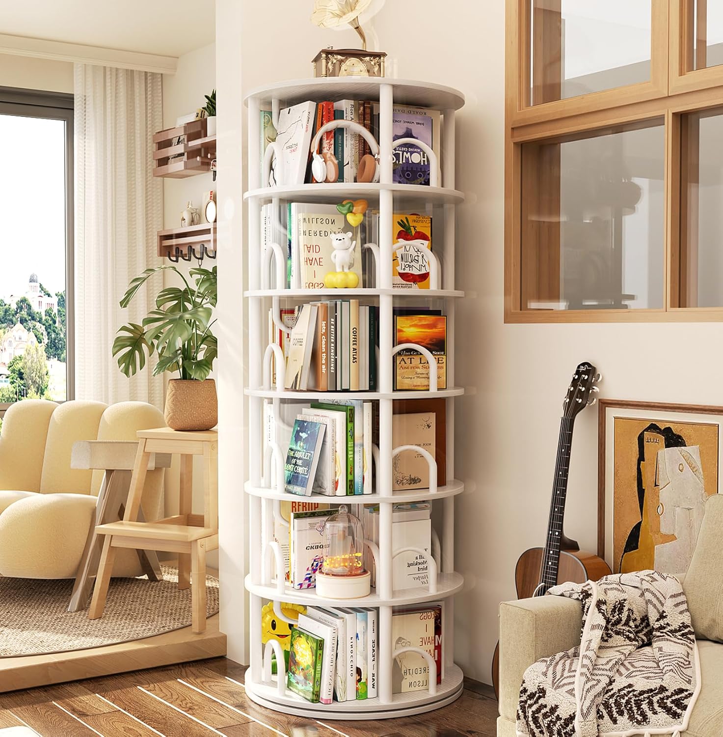 Aheaplus 6 Tier Rotating Bookshelf Tower, Revolving Bookcase, 360° Round Spinning Book Shelf, Narrow Swivel Bookshelves Vertical Rolling Turning Corner Bookshelf Organizer for Small Space, White