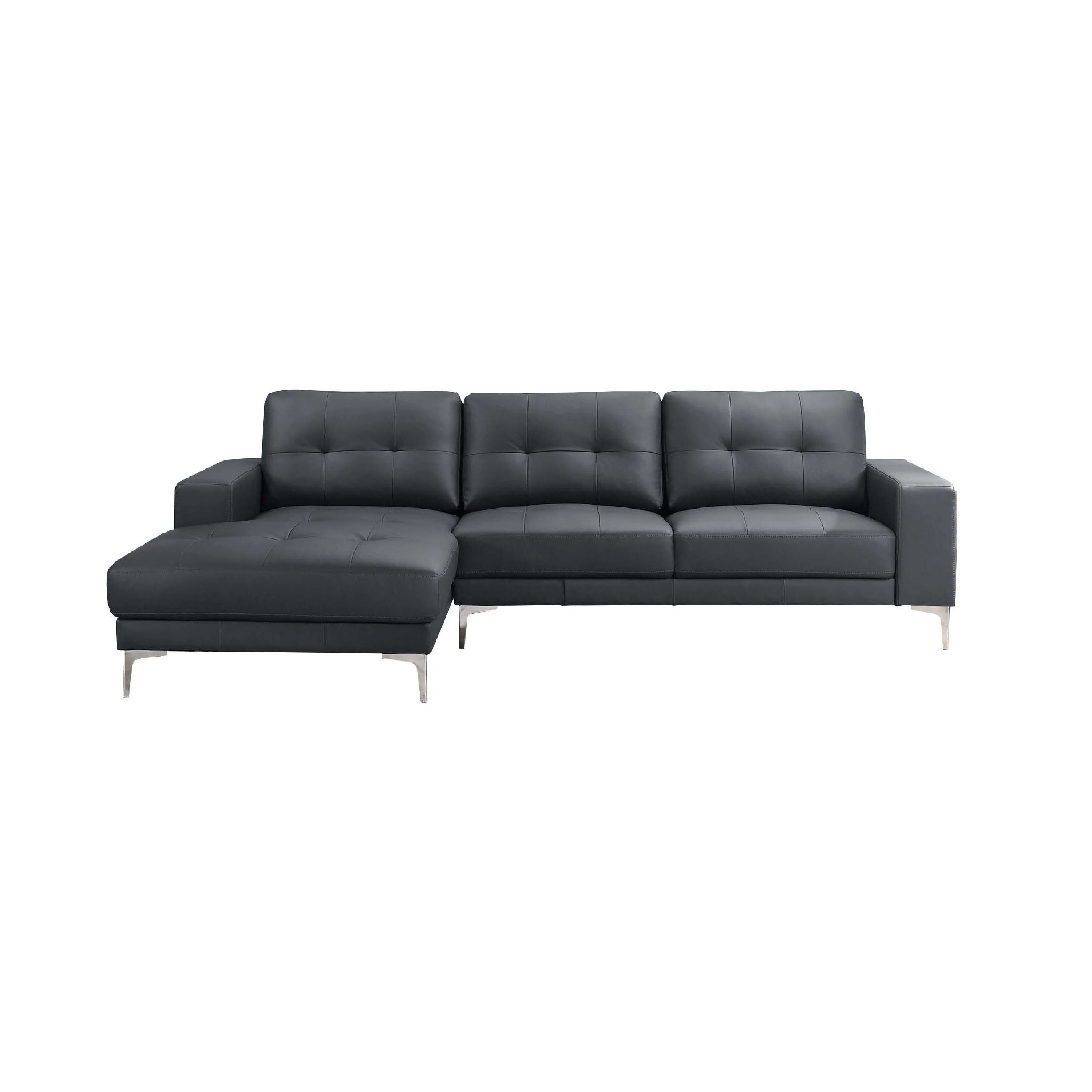 Moa 2pc Sectional Sofa w RAF Chaise, Chrome Legs, Black Full Leather