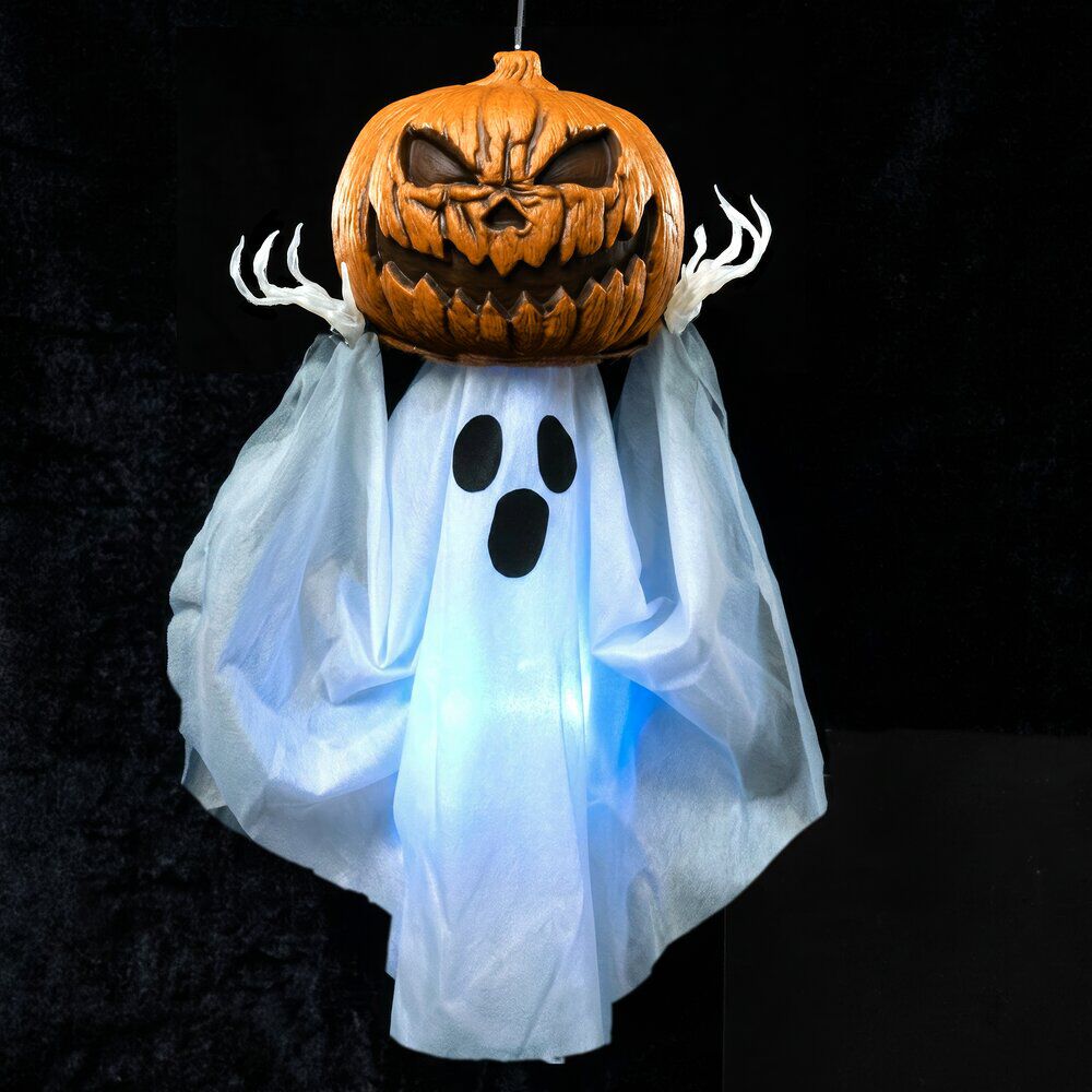 Fantôme Halloween animé à suspendre masque citrouille son et lumière 43x24xH60cm