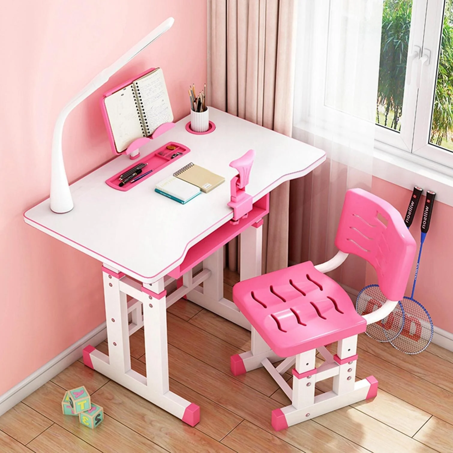 Kids Desk And Chair Set Height Adjustable Children Study Table LED Desk Lamp