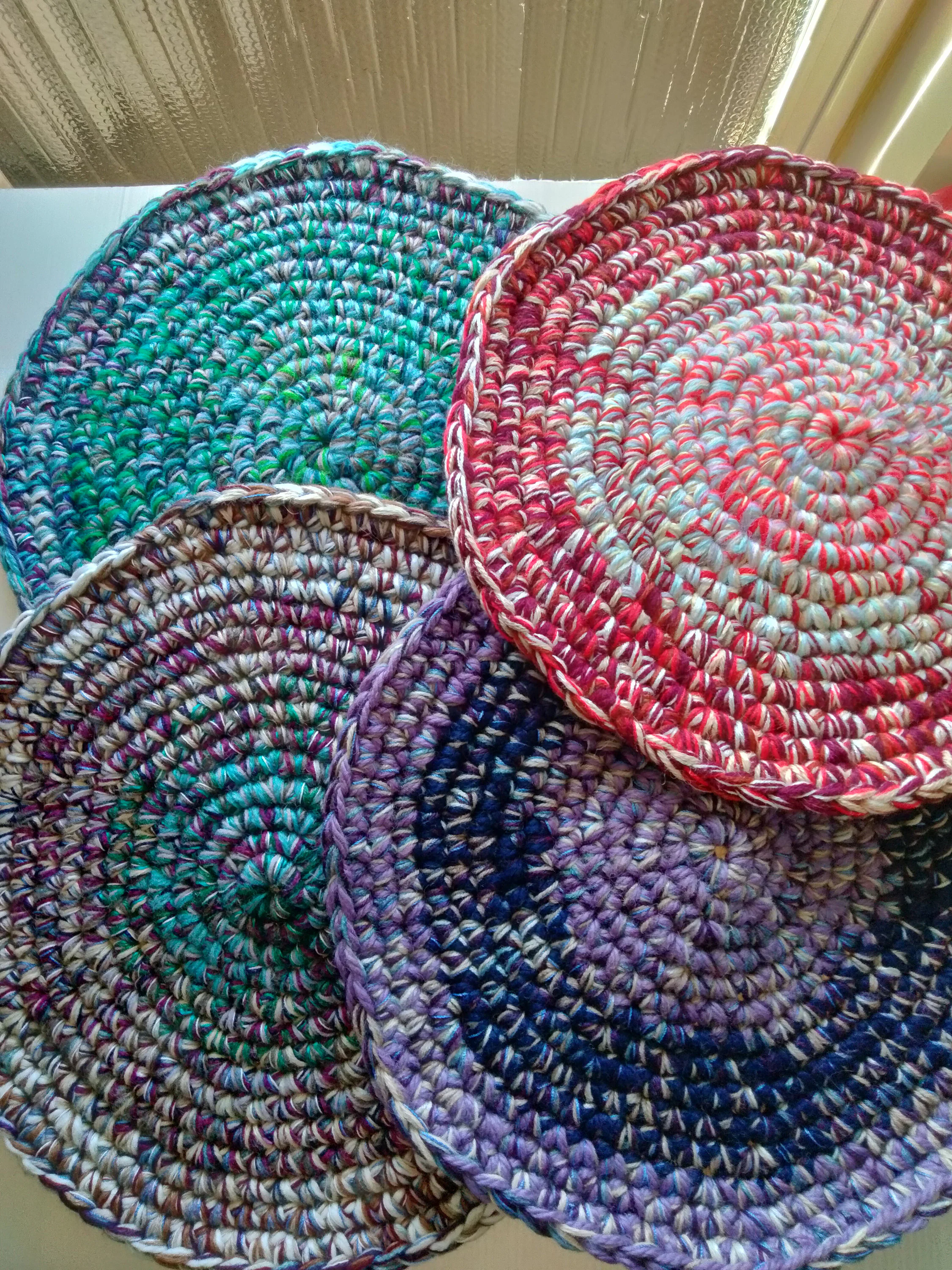 Crocheted Rag Rug Chair Pad: Multicolored Yarn Seat Cushion