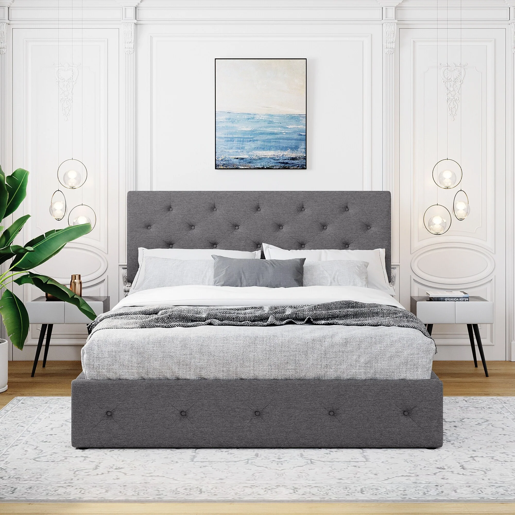 Upholstered Platform bed with a Hydraulic Storage System