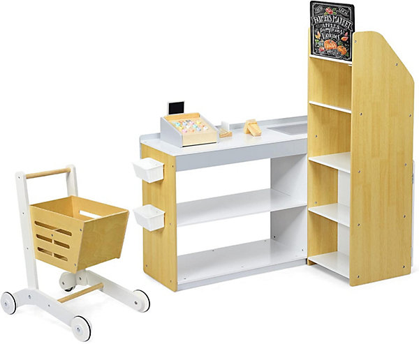 Jouet de Supermarché pour Enfant, Ensemble de Jouet d'Achat avec Caisse et Chariot, Jeu de Rôle de Marchande Commerçant en Bois