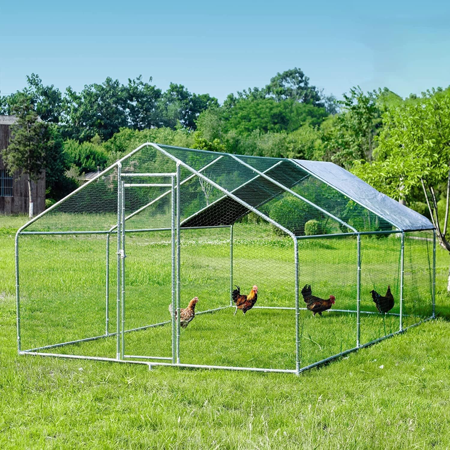 HITTITE Large Metal Chicken Coop with Run  19.19 x 9.84 x 6.56 ft Walk in Poultry Cage Chicken Run Pen  Outdoor Chicken Runs for Yard with Waterproof & Anti-UV Cover