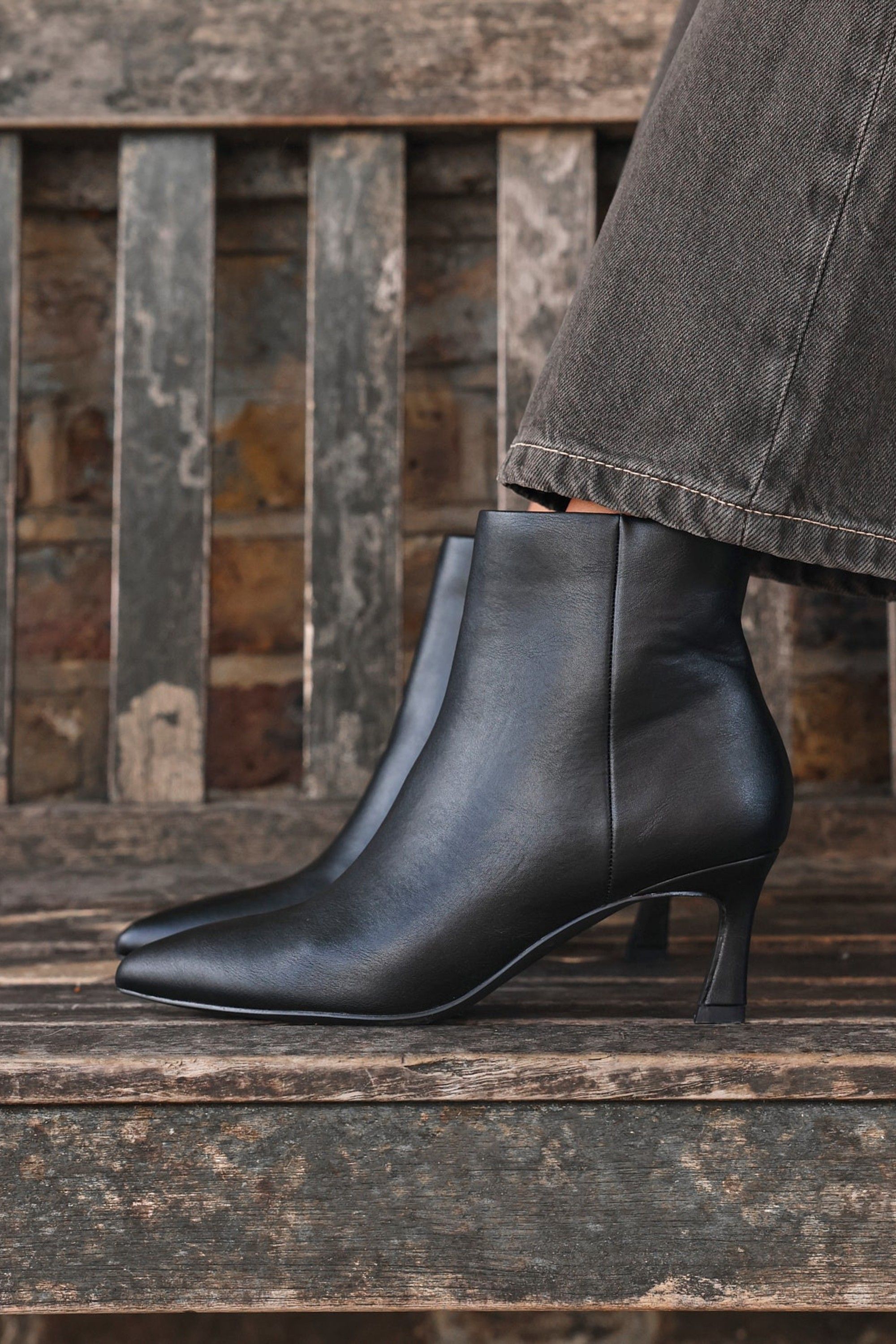 Linzi Secured Black Faux Leather Pointed Toe Stiletto Ankle Boot