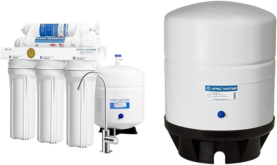 APEC Water Systems RO-90 Ultimate Series Top Tier Supreme Certified High Output 90 GPD & TANK-14 14 Gallon Pre-pressurized Reverse Osmosis Water Storage Tank