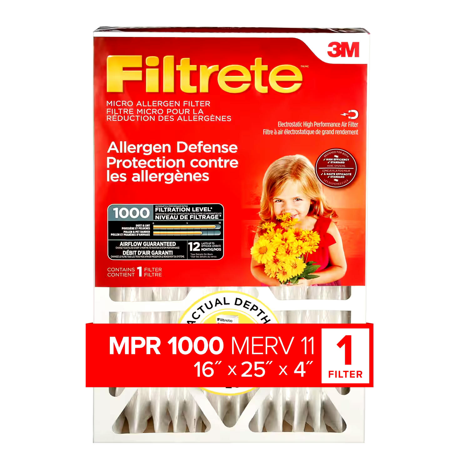 3M™ Filtrete™ Allergen Defense Micro Allergen Deep Pleat Air Filter, MPR 1000, 16 x 25 x 4-in, 1-pk