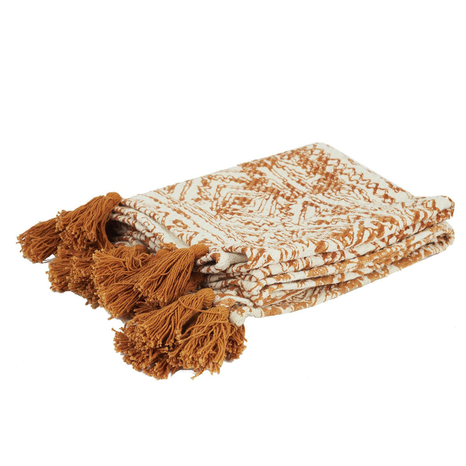 - Plaid en coton à pompons 120 x 150 cm imprimés ocre et beige