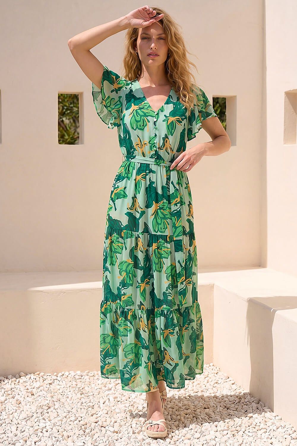 Roman Floral Tiered Tie Waist Dress