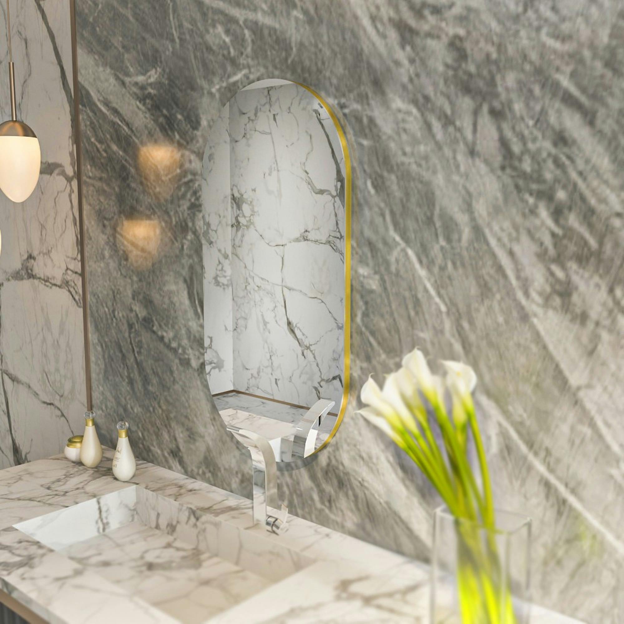 Miroir salle de bains ovale argenté, bordure dorée 85 cm CODY