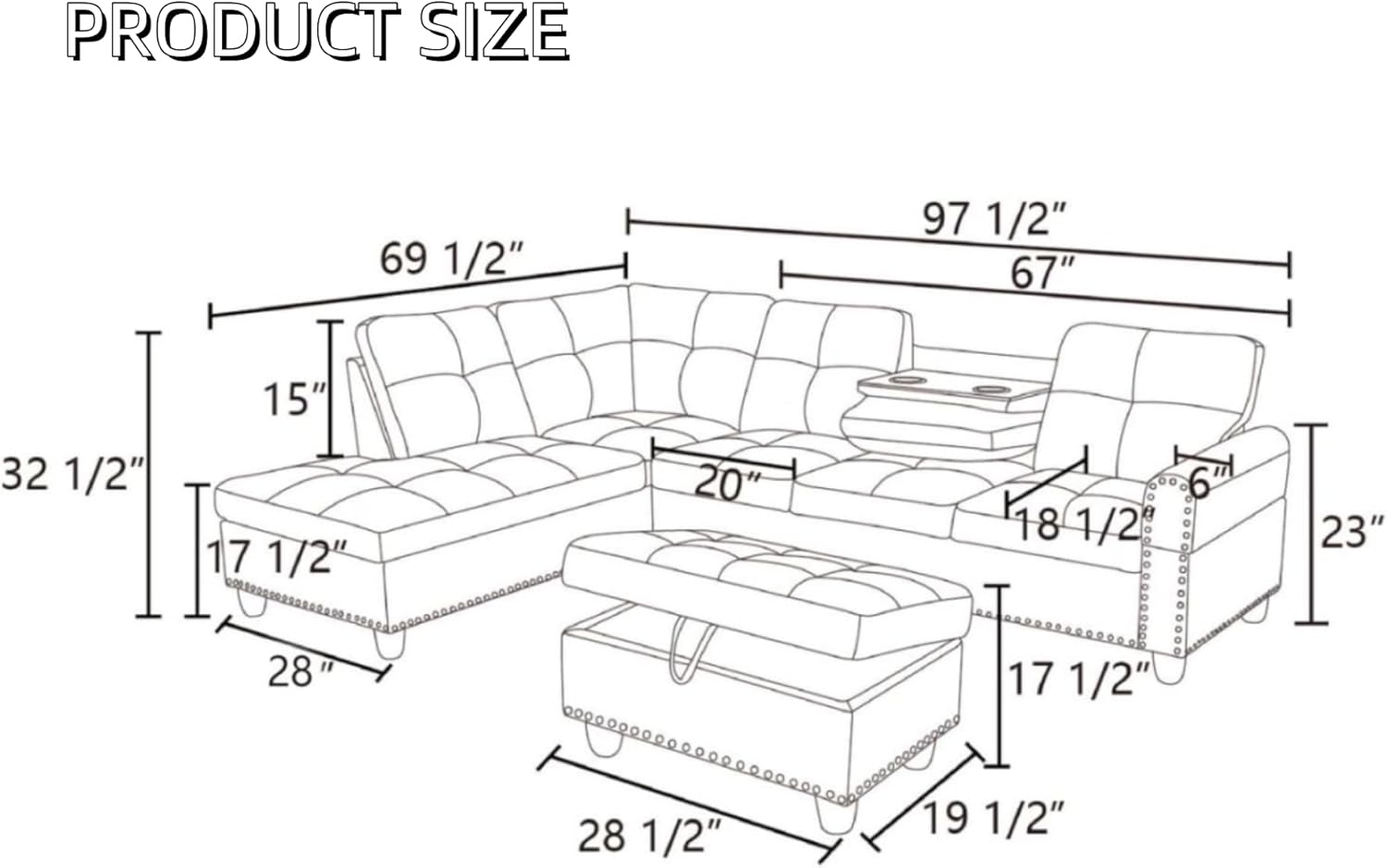Leather 3-Piece L-Shaped Couches for Living Room, Sectional Sofa with Storage Ottoman & Movable Chaise, Modular Convertible Couch for Bedroom & Apartment, Deep Black