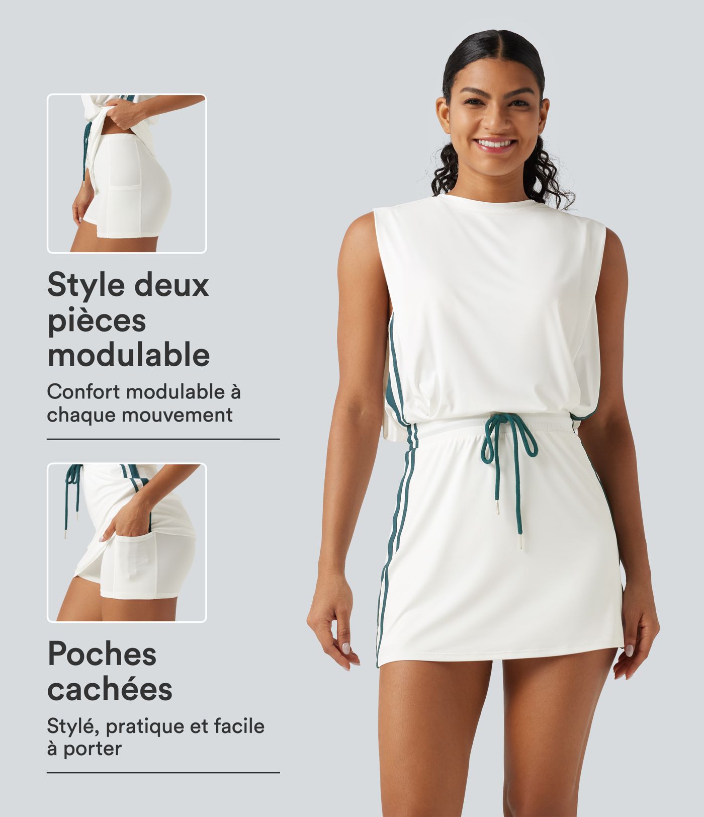 Robe active mini 2 pièces à col rond, sans manches, cordon ajustable, bandes latérales, poches et protection solaire UPF 50