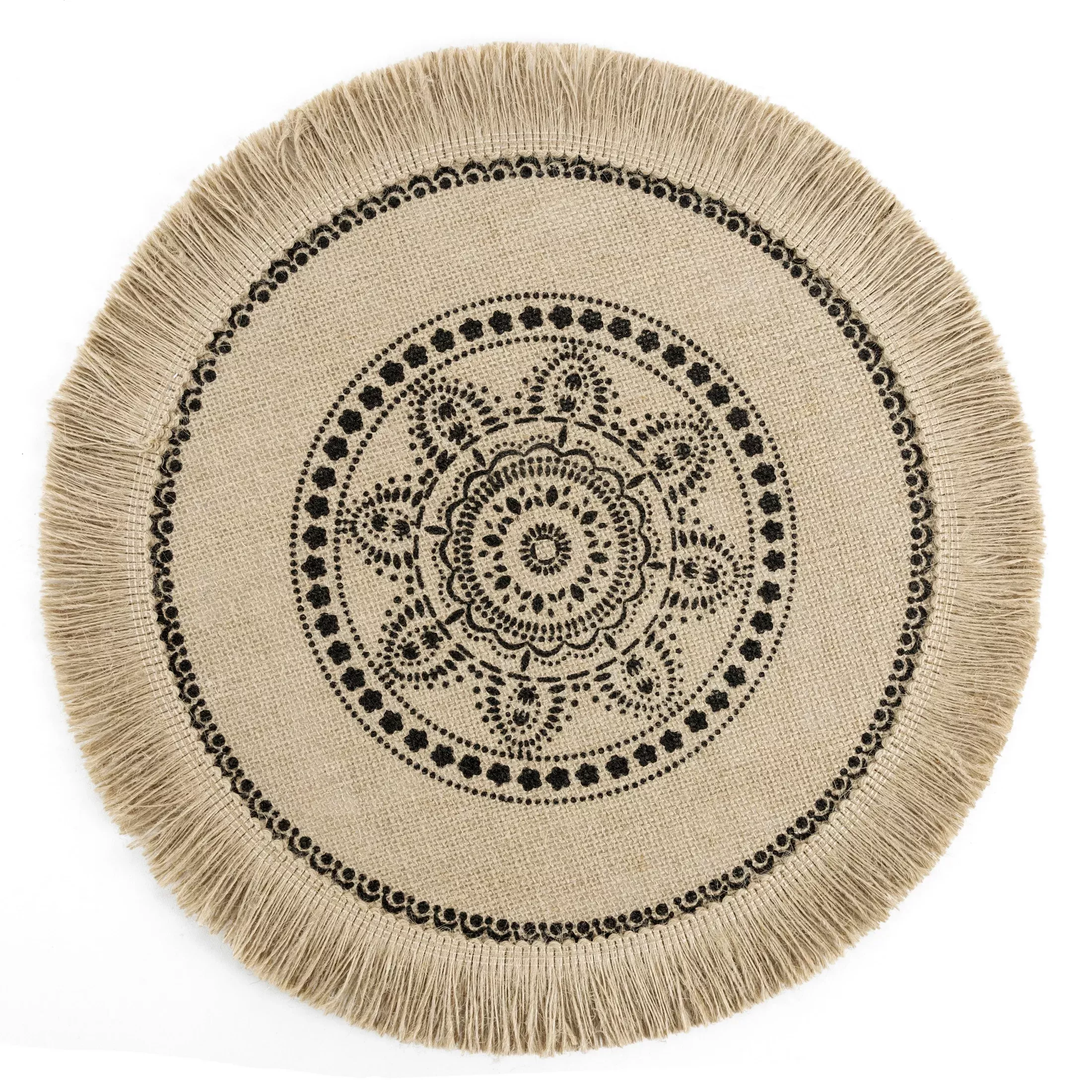 Podkładka na stół naturalna z juty średnica 38 cm ELISA z frędzlami na brzegach w stylu boho