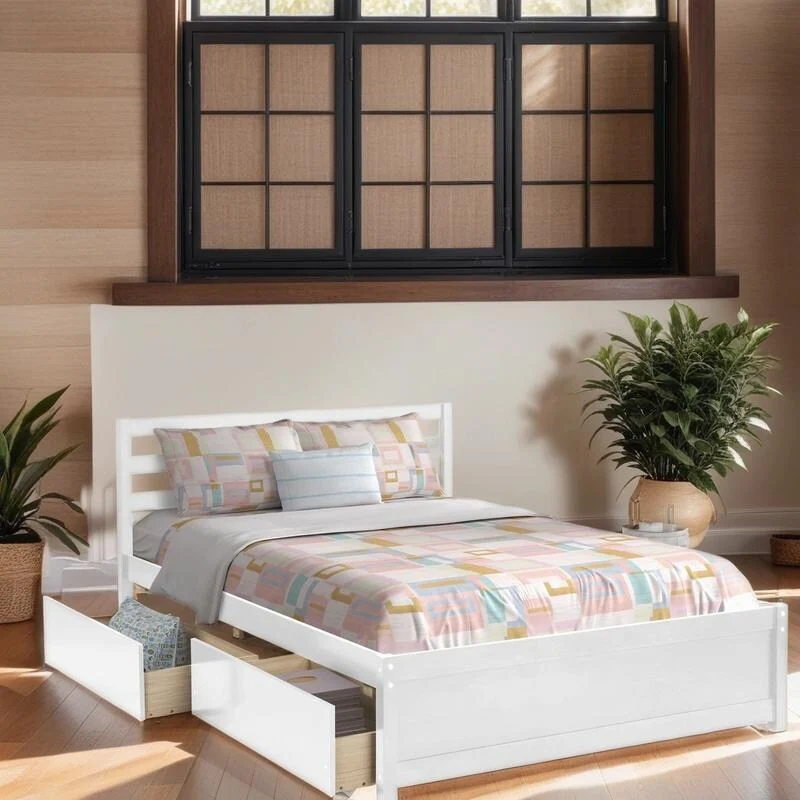 Full Size Modern & Clean Design Wood Platform Bed Frame with 4 Storage Drawers and Headboard of White Color,Space-saving
