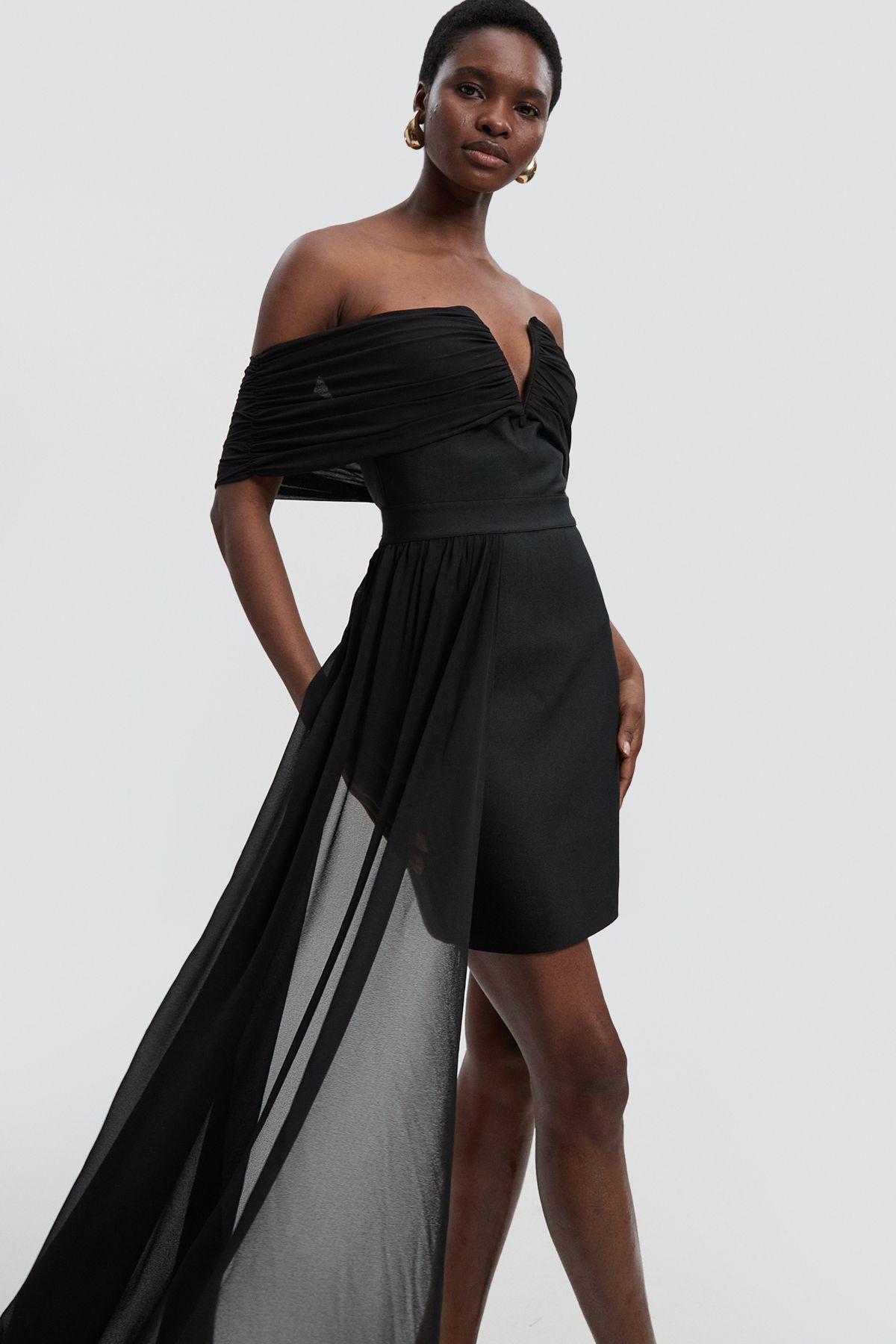 KarenMillen Figure Form Bandage Knit Woven Bardot And Skirt Detail Dress