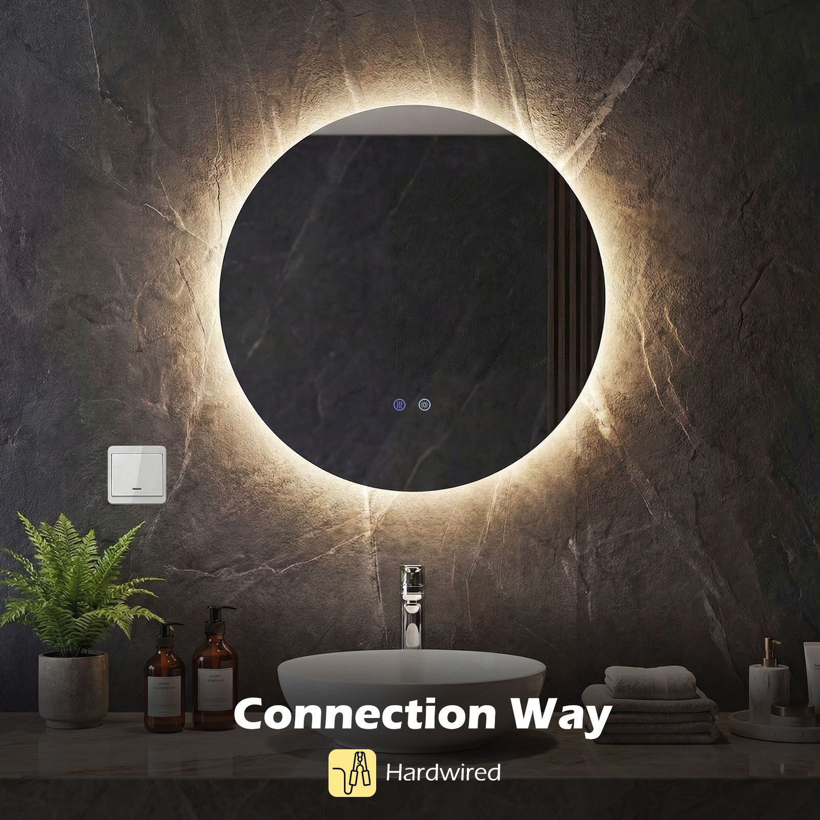 Costway 60 cm Round Bathroom Mirror Wall Mounted Vanity Mirror w/ LED Light