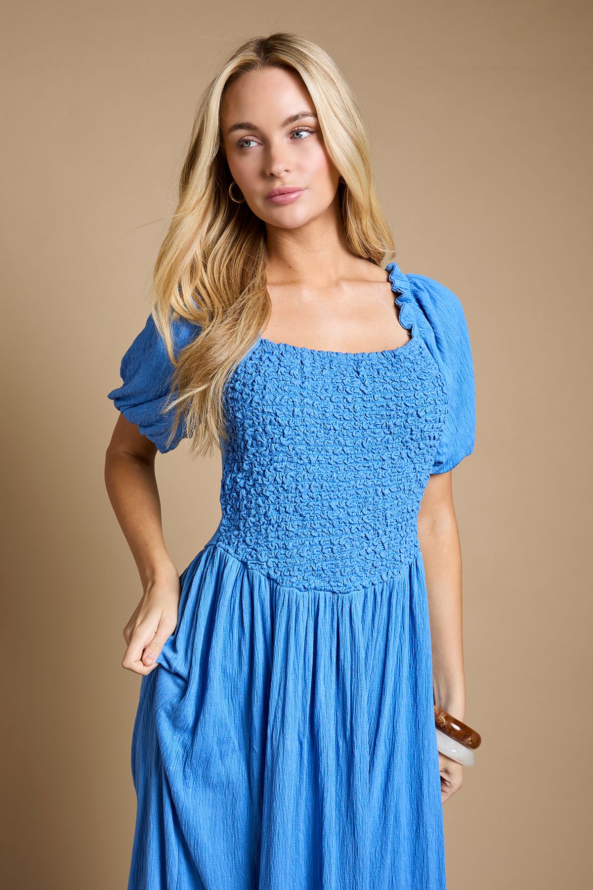 Dorothy Perkins Shirred Bodice Puff Sleeve Jersey Midi Dress