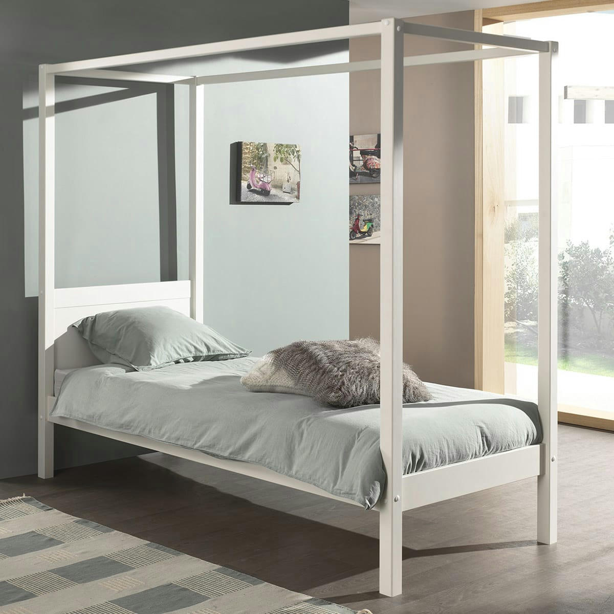 PINO - Lit à baldaquin 90x200 sommier inclus blanc